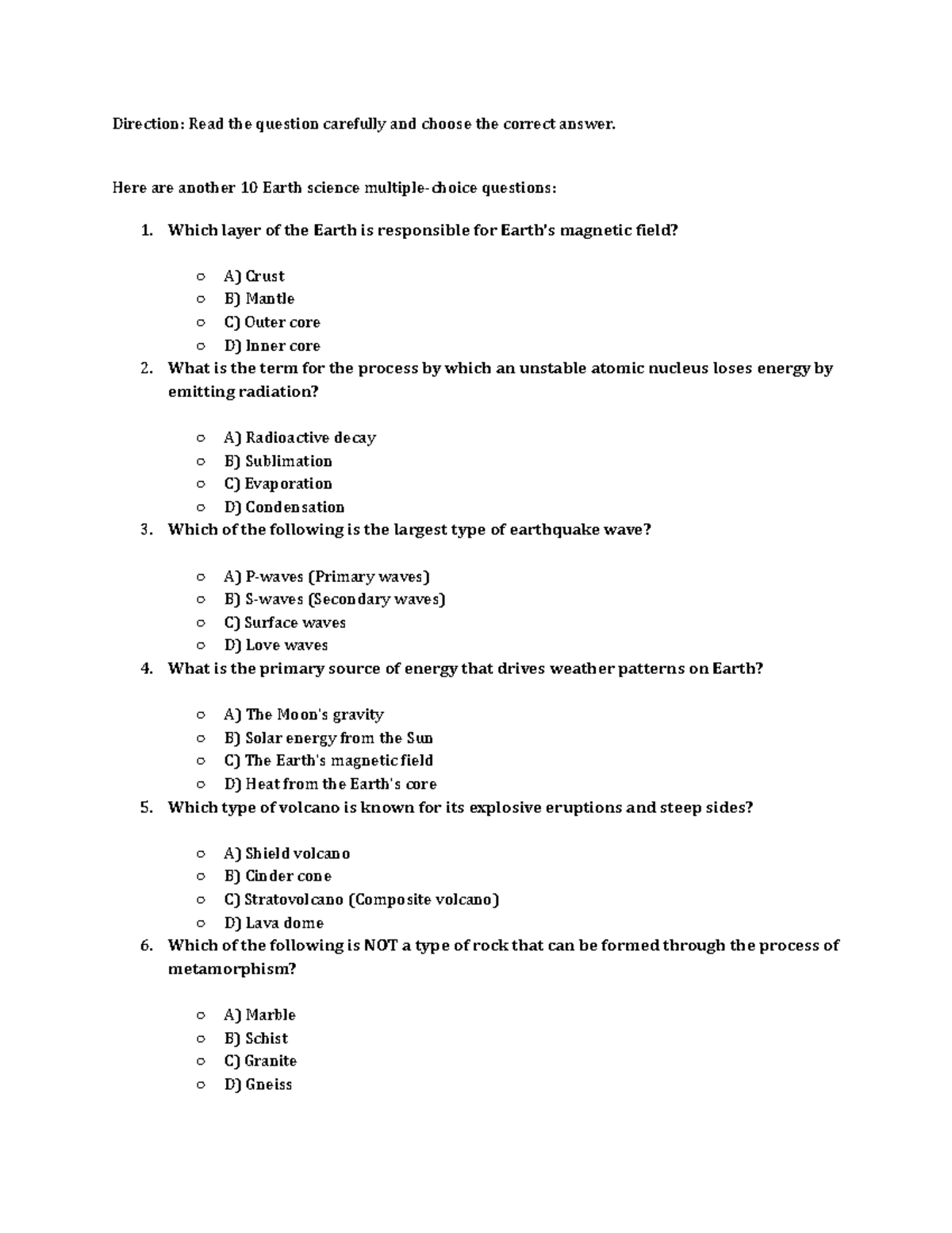 Y96 - Earth Science Quiz: Key Concepts & Questions on Geology - Studocu