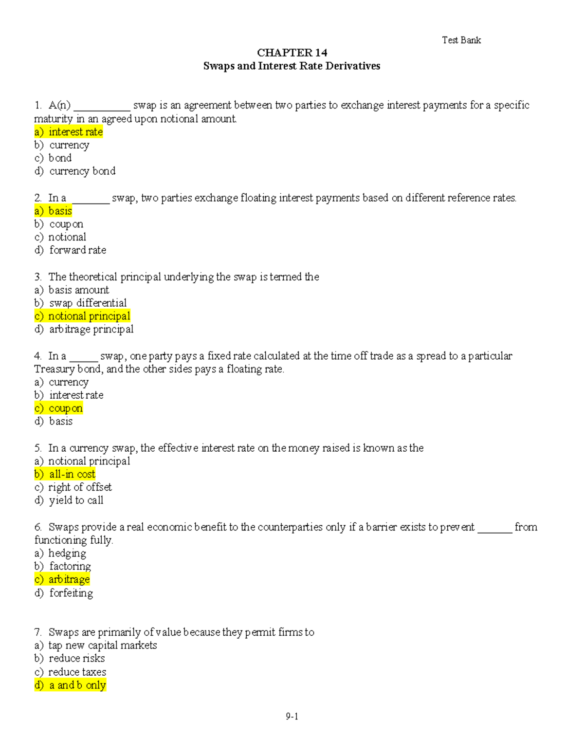 Quiz CH 14: Swaps & Interest Rate Derivatives - Key Answers - Studocu
