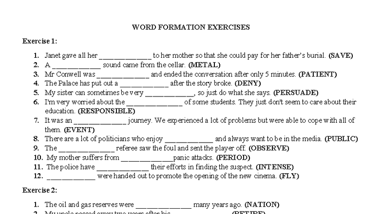 WORD FORMATION EXERCISES: Practice and Application - Studocu