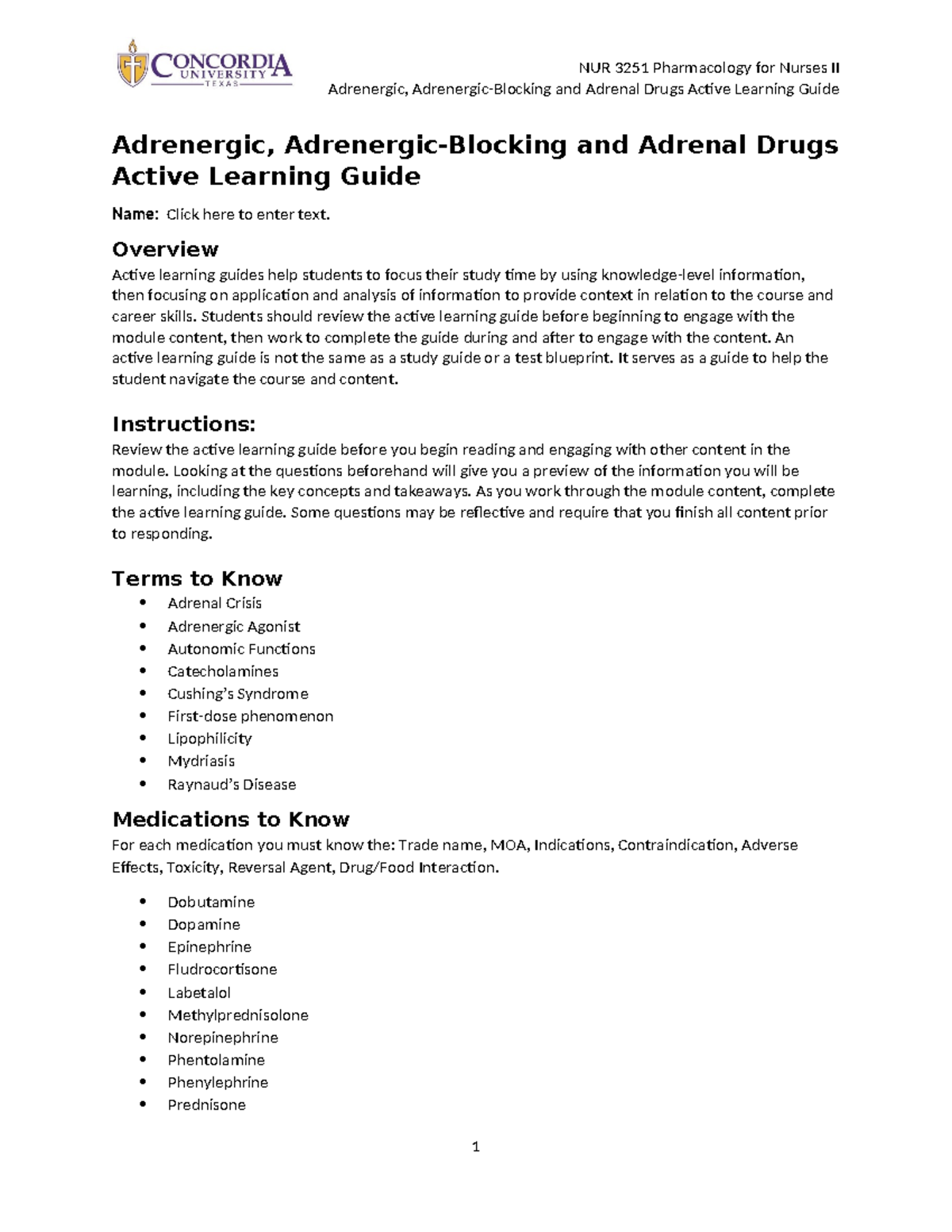 NUR 3251 Pharmacology for Nurses II: Adrenergic & Adrenal Drugs Guide ...