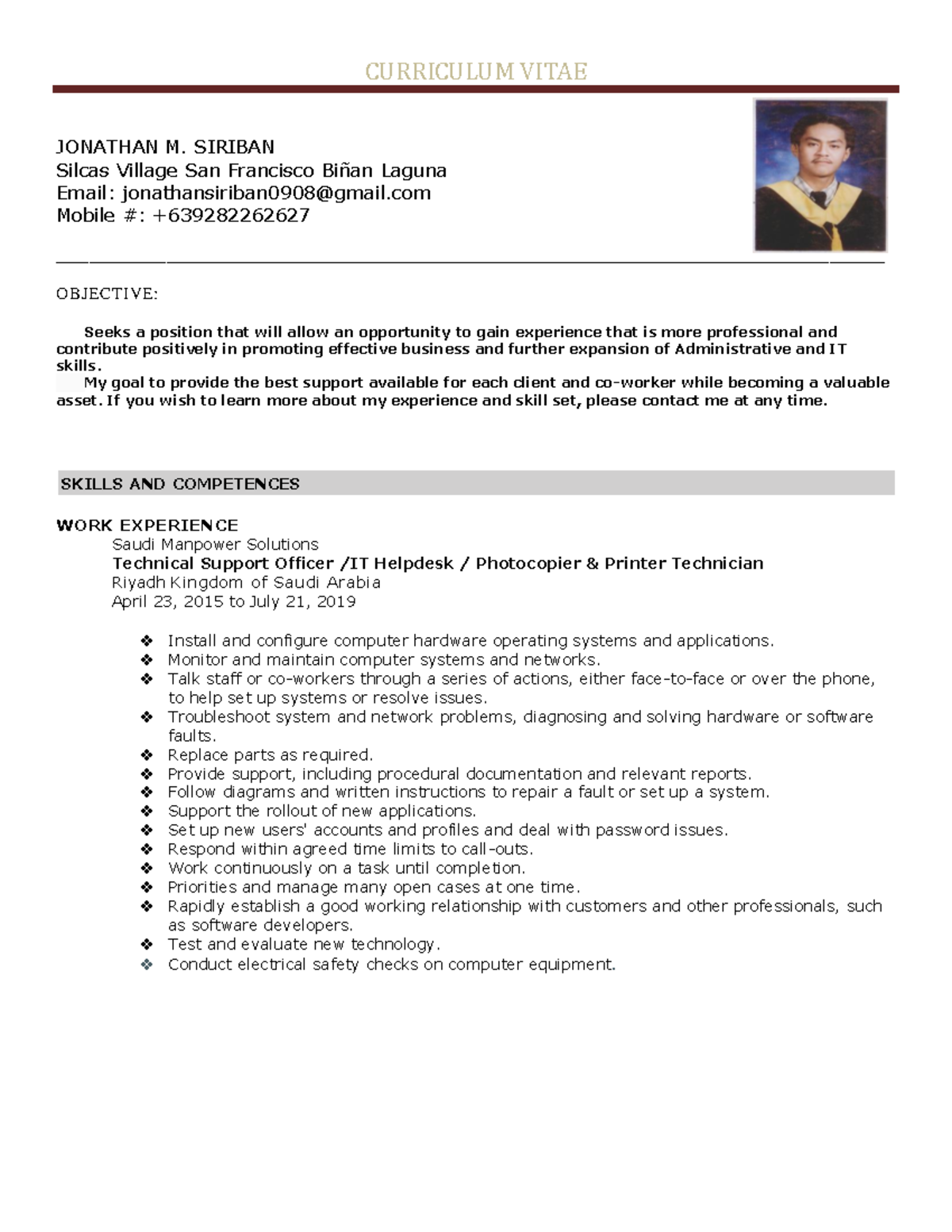 Jonathan M. Siriban CV - IT & Admin Professional Resume - Studocu