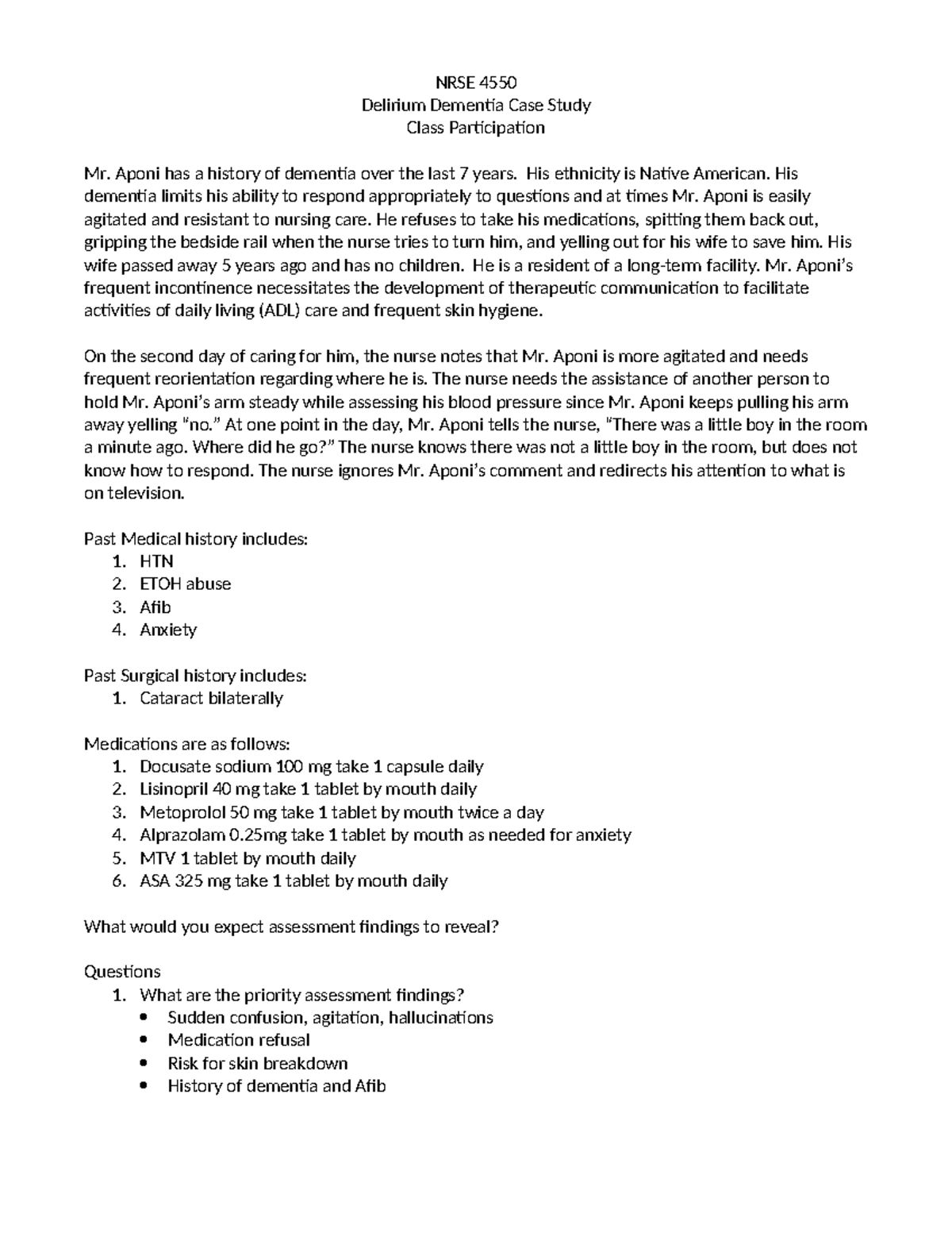 NRSE 4550 Delirium & Dementia Case Study Analysis - Studocu