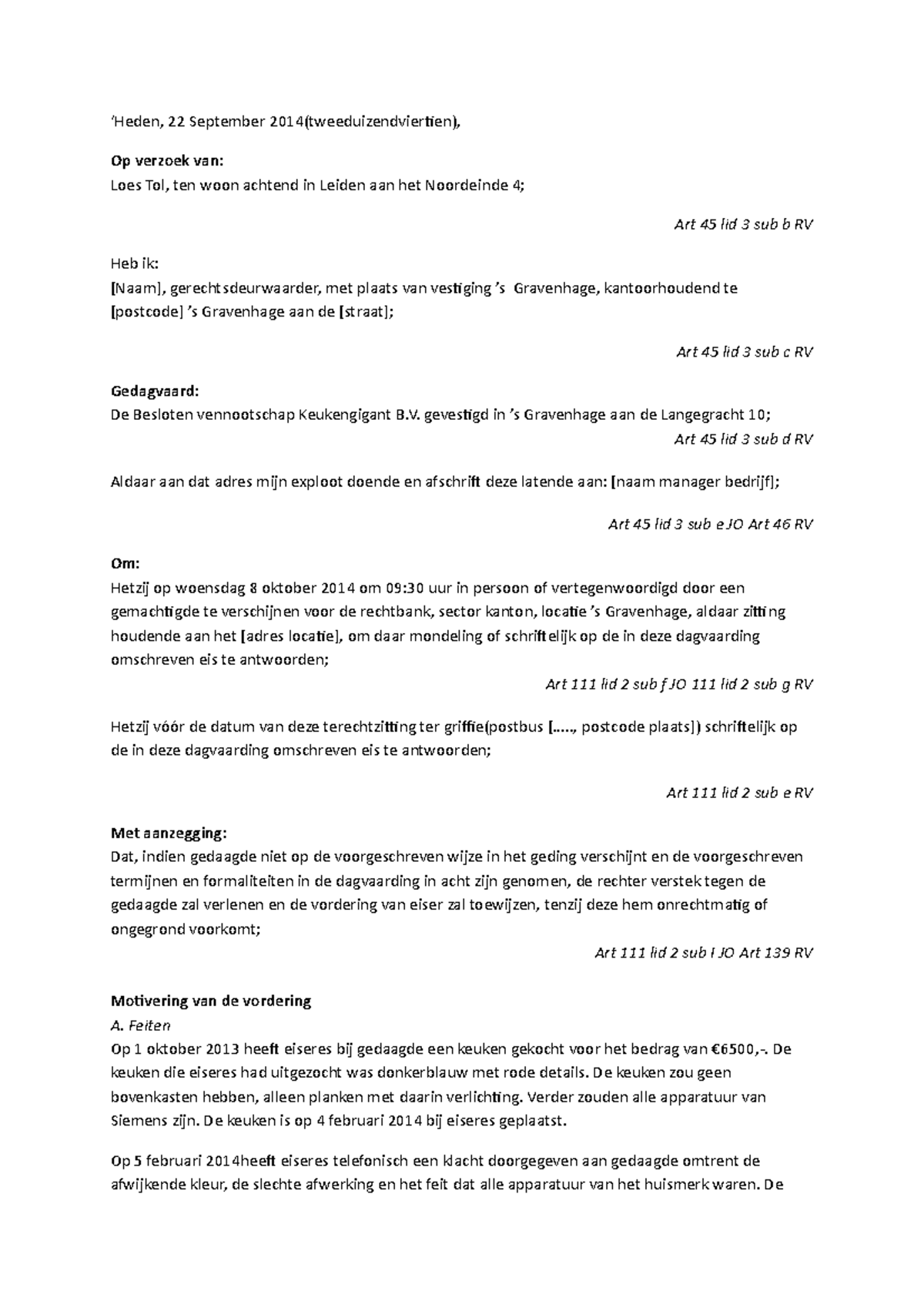 Dagvaarding voor Keukengigant B.V. - Rechtszaak en Klachtprocedure ...