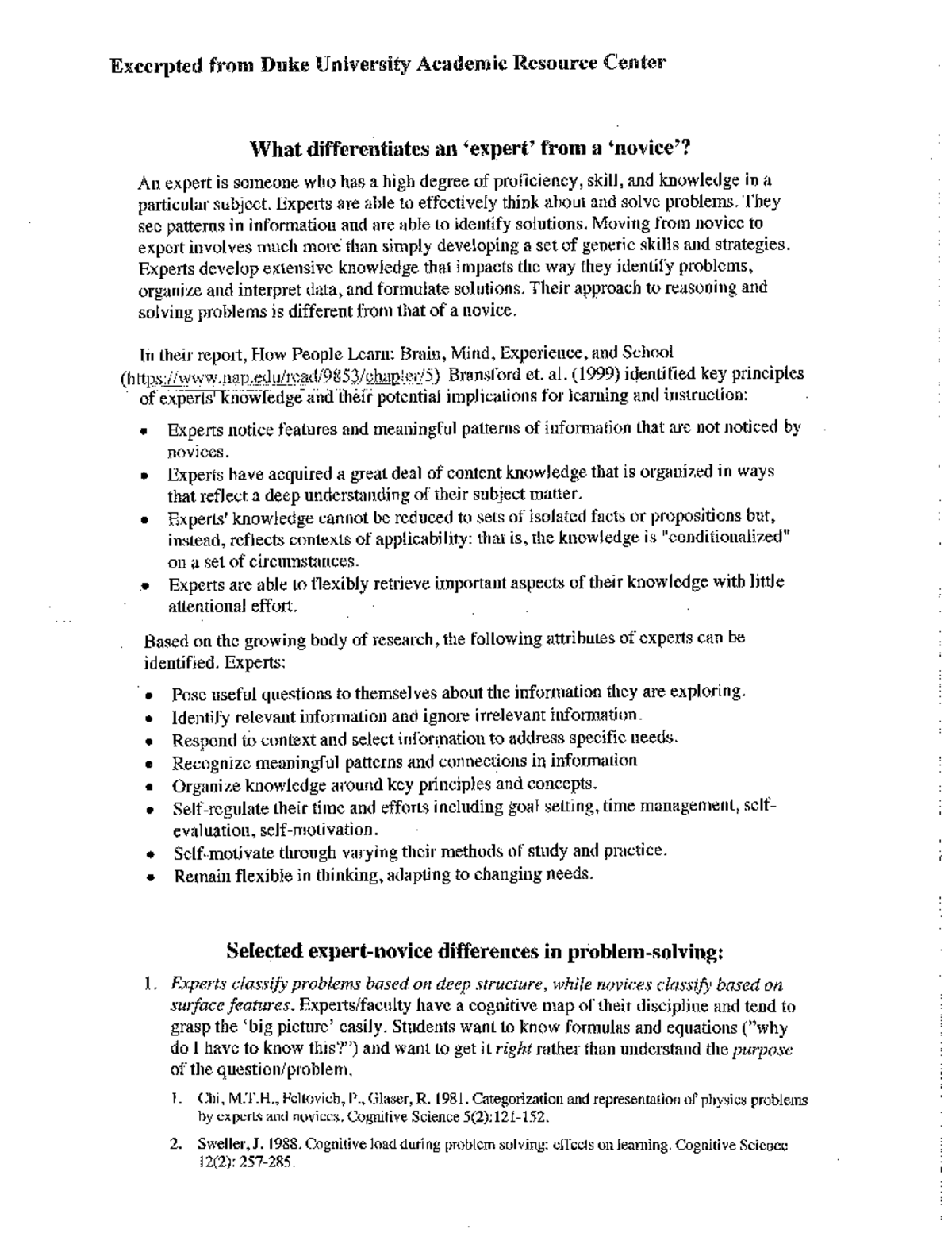 Novice Learners & problem solving - Excerpted from Duke University ...