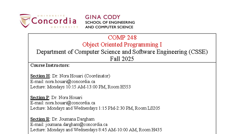 COMP 248U Fall 2025 Object Oriented Programming I Course Outline - Studocu