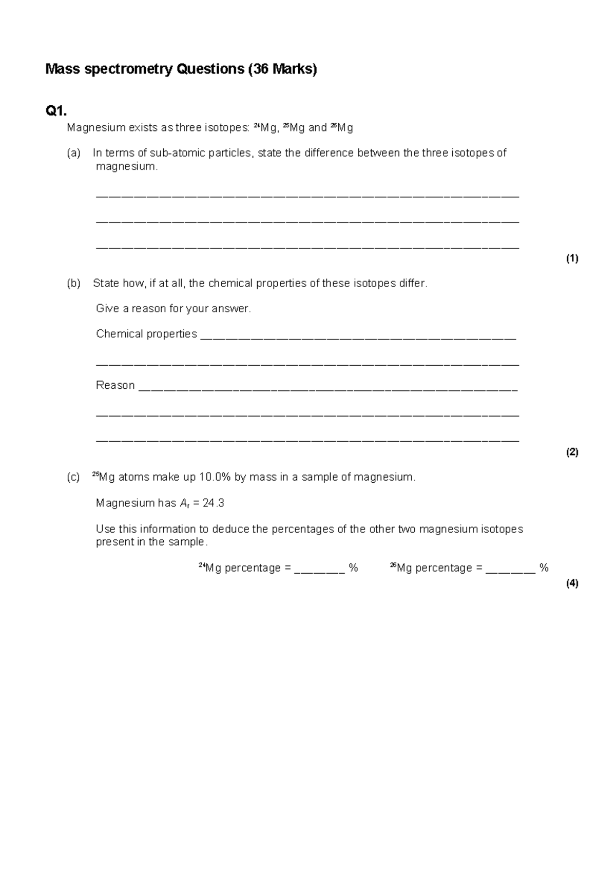 Mass Spectrometry Questions and Mark Scheme (36 Marks) - Studocu
