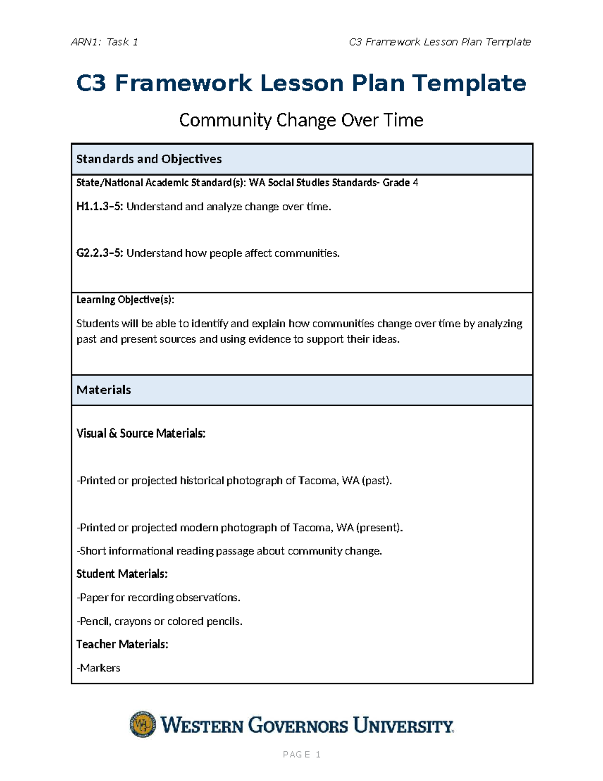 D674: Task 1 C3 Framework Lesson Plan on Community Change - Studocu