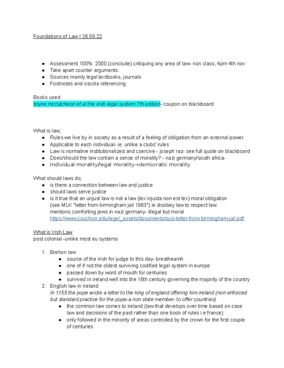 Foundations of Law I: Lecture 1 Notes on Legal System and History - Studocu