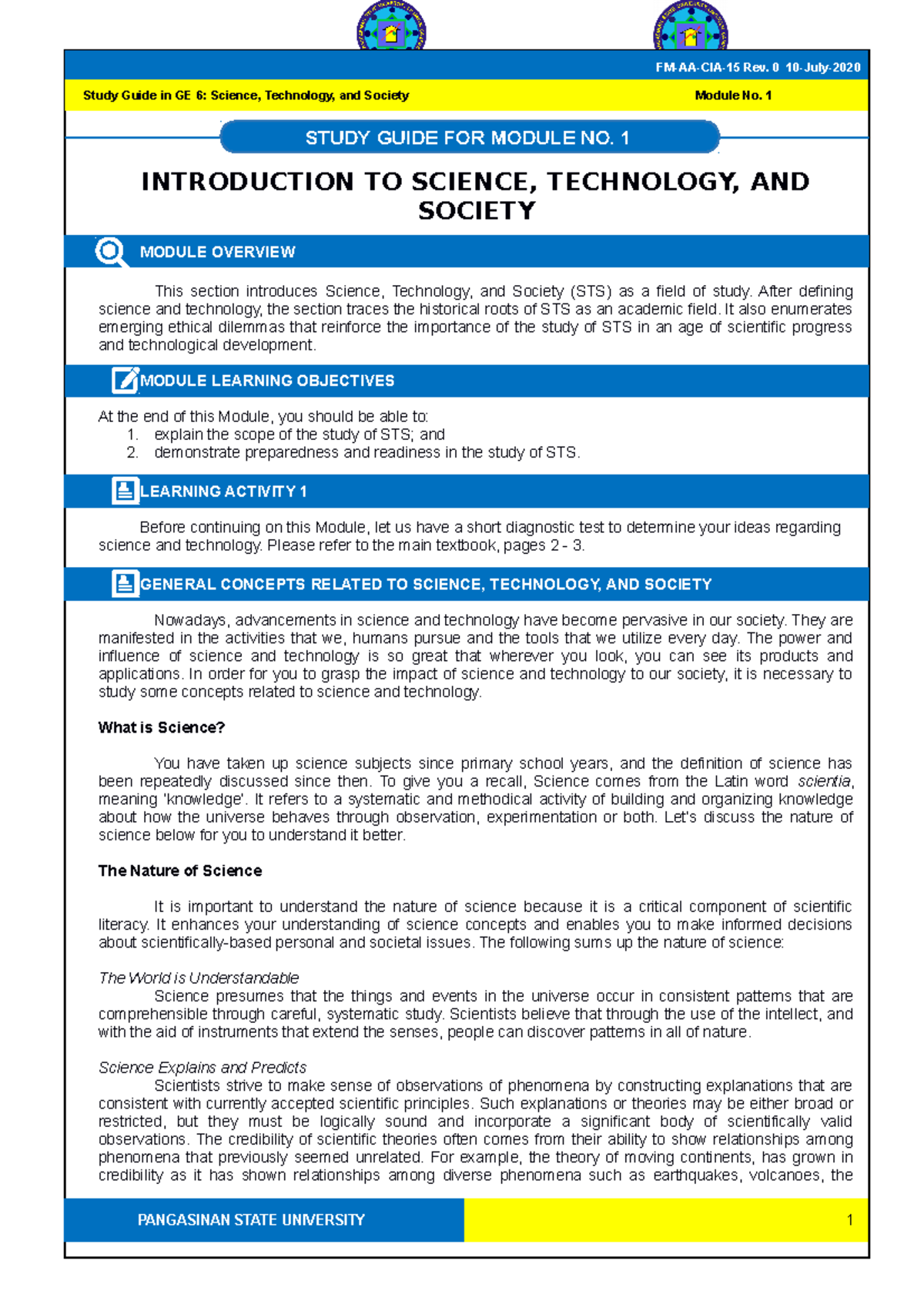 Sts sg1 - sts - INTRODUCTION TO SCIENCE, TECHNOLOGY, AND SOCIETY MODULE ...