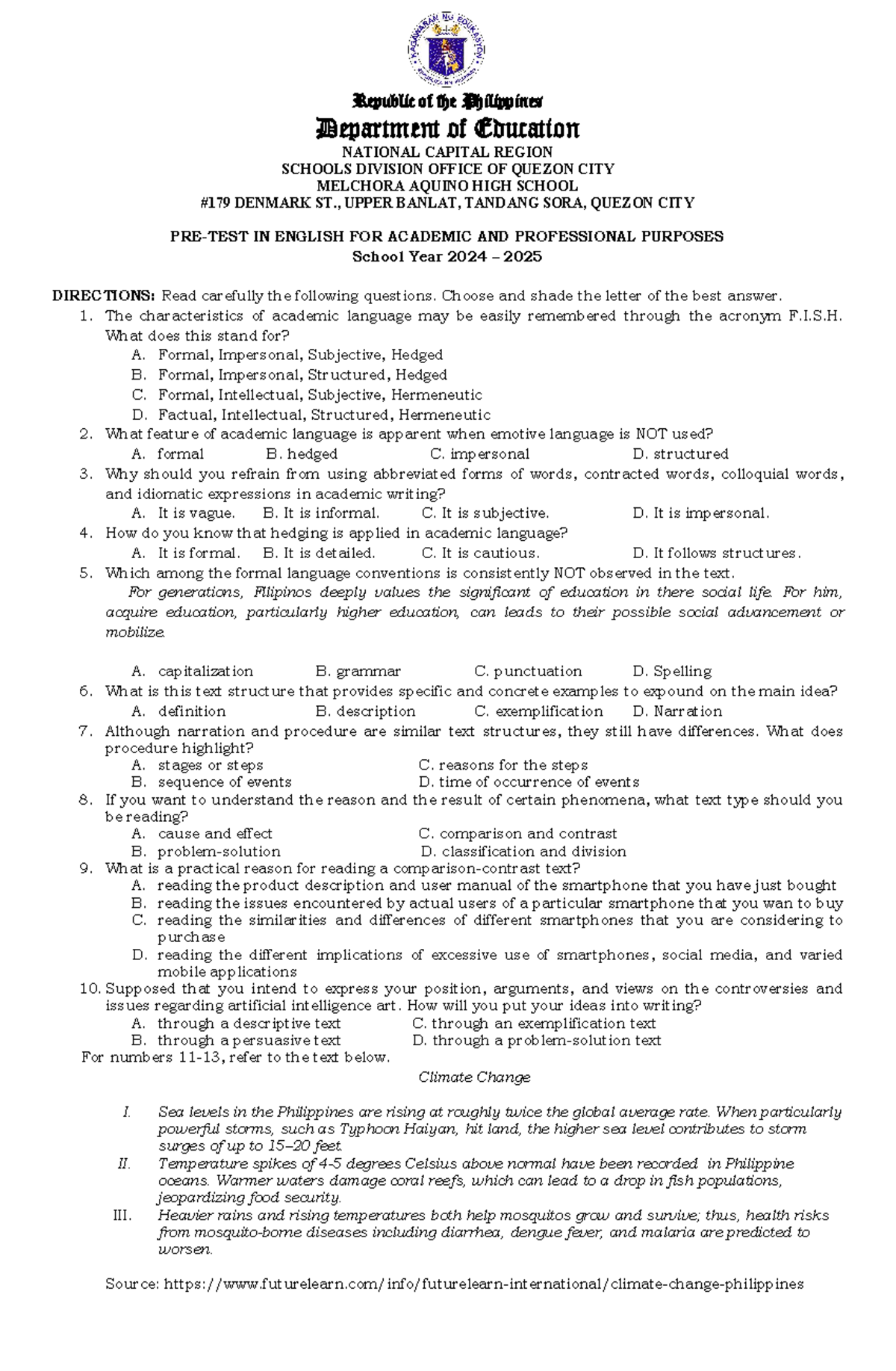 EAPP Pre-Test in English for Acad & Prof Purposes (SY 2024-2025) - Studocu