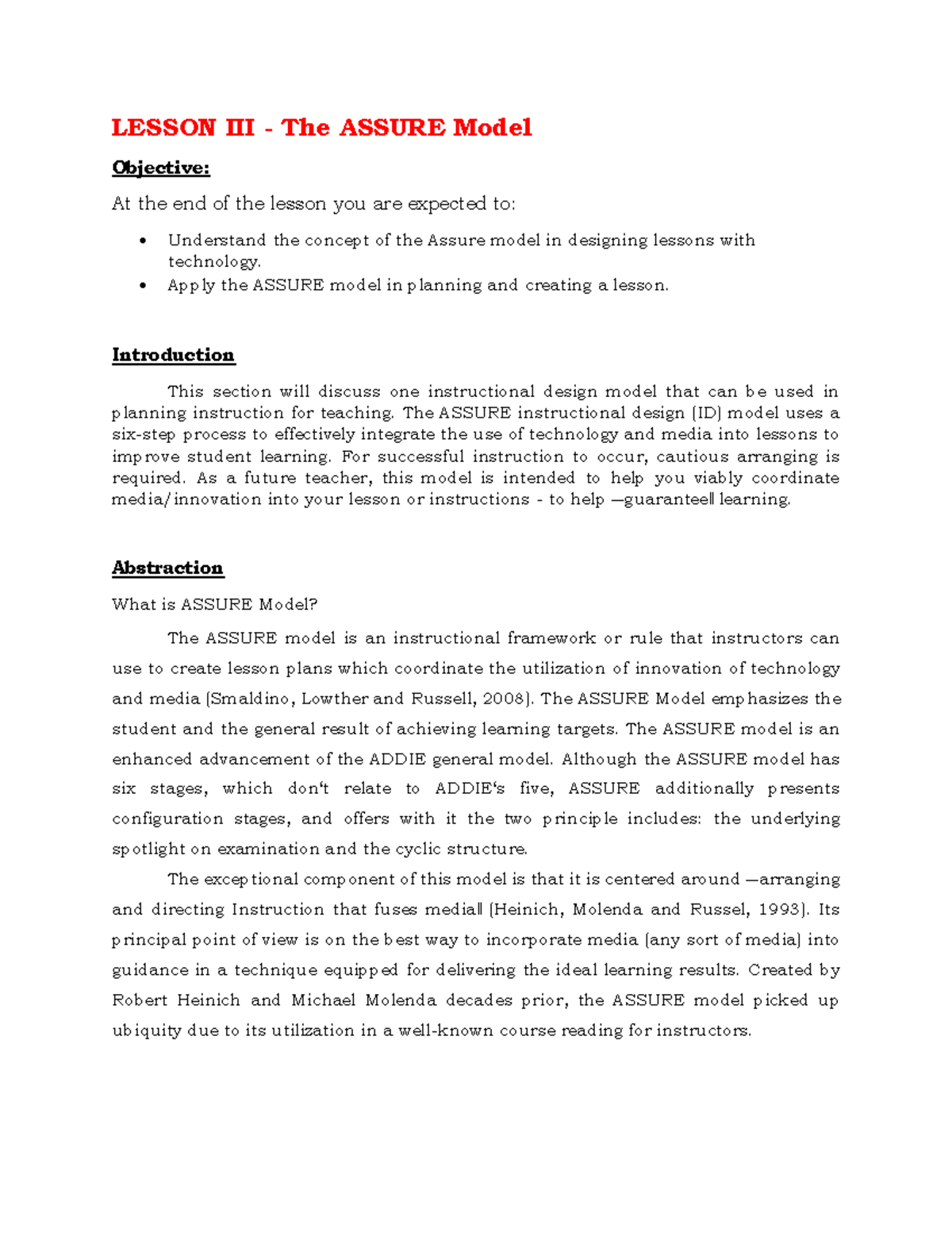 EDUC85 Technology for Teaching and Learning 1 - Lesson III: ASSURE ...