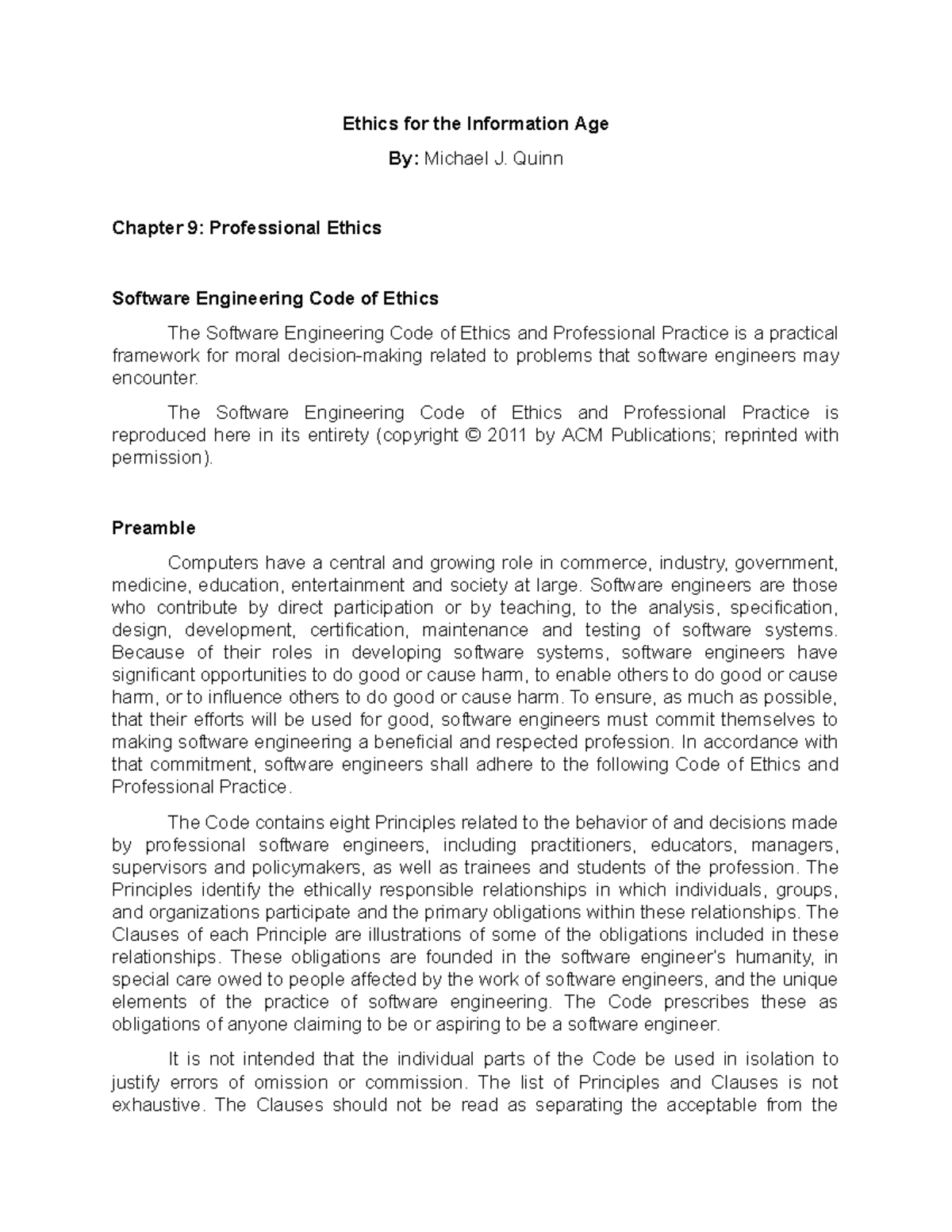 Chapter 9 Professional Ethics Software Engineering Code of Ethics ...