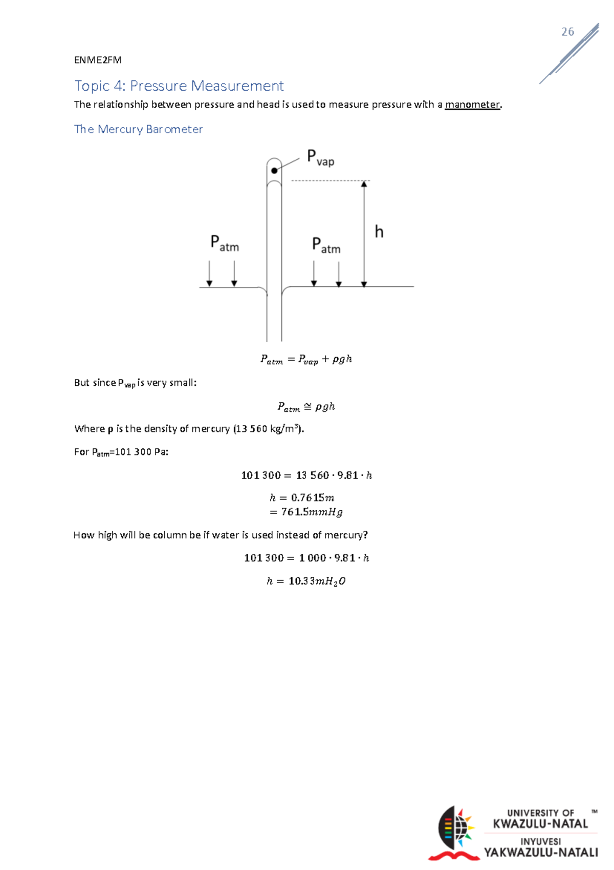 26 ENME2FM Lecture Notes: Pressure Measurement Techniques - Studocu