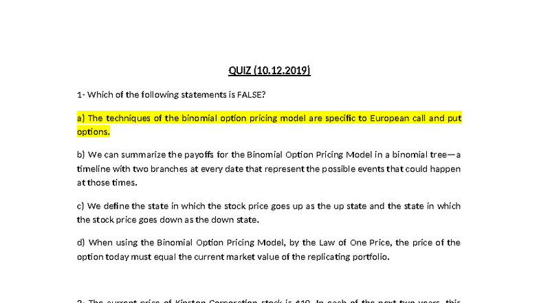 QUIZ (10.12.2019) on Binomial Option Pricing Model Concepts - Studocu