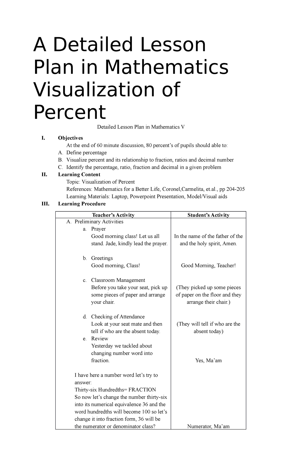 Visaulization of percent - A Detailed Lesson Plan in Mathematics ...