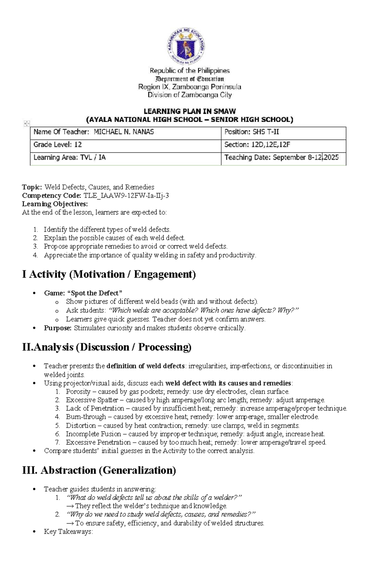 SMAW LP Lesson on Weld Defects, Causes & Remedies Q2WK1 2025 - Studocu