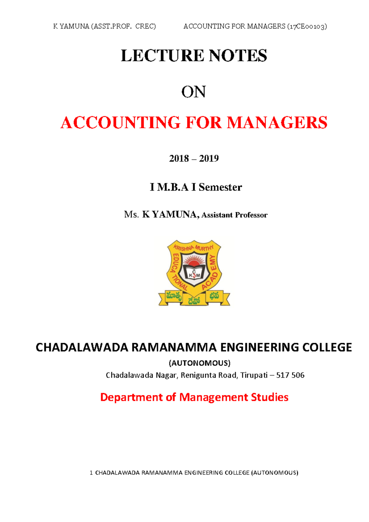 Mba 17ce00103 Lecture Notes On Accounting For Managers 2018 2019