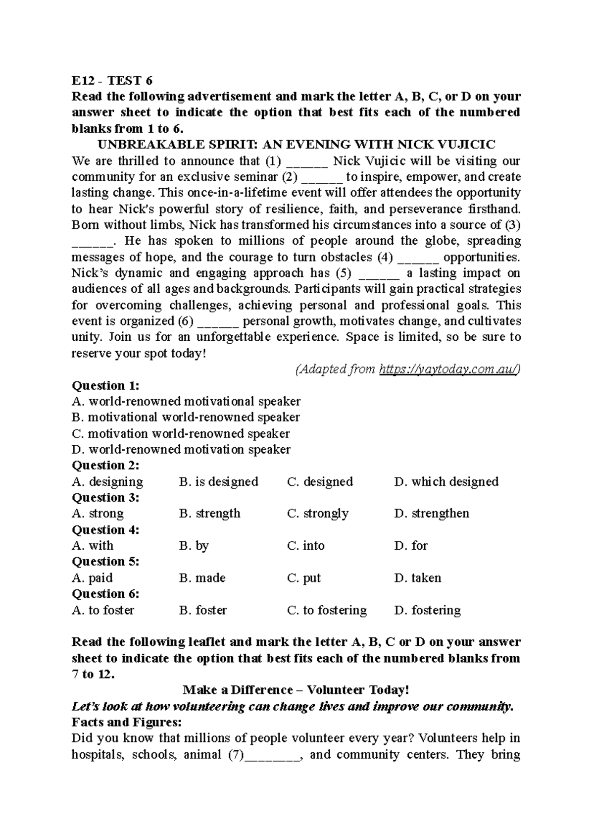 E12 - TEST 6 - Reading Comprehension and Language Skills - Studocu