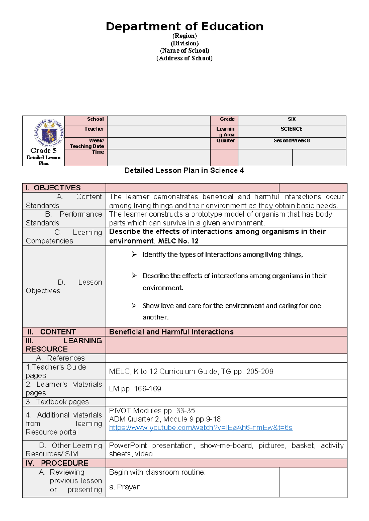 COT Science 4 Q2 Week 8 - Lesson Plan on Interactions in Ecosystems ...