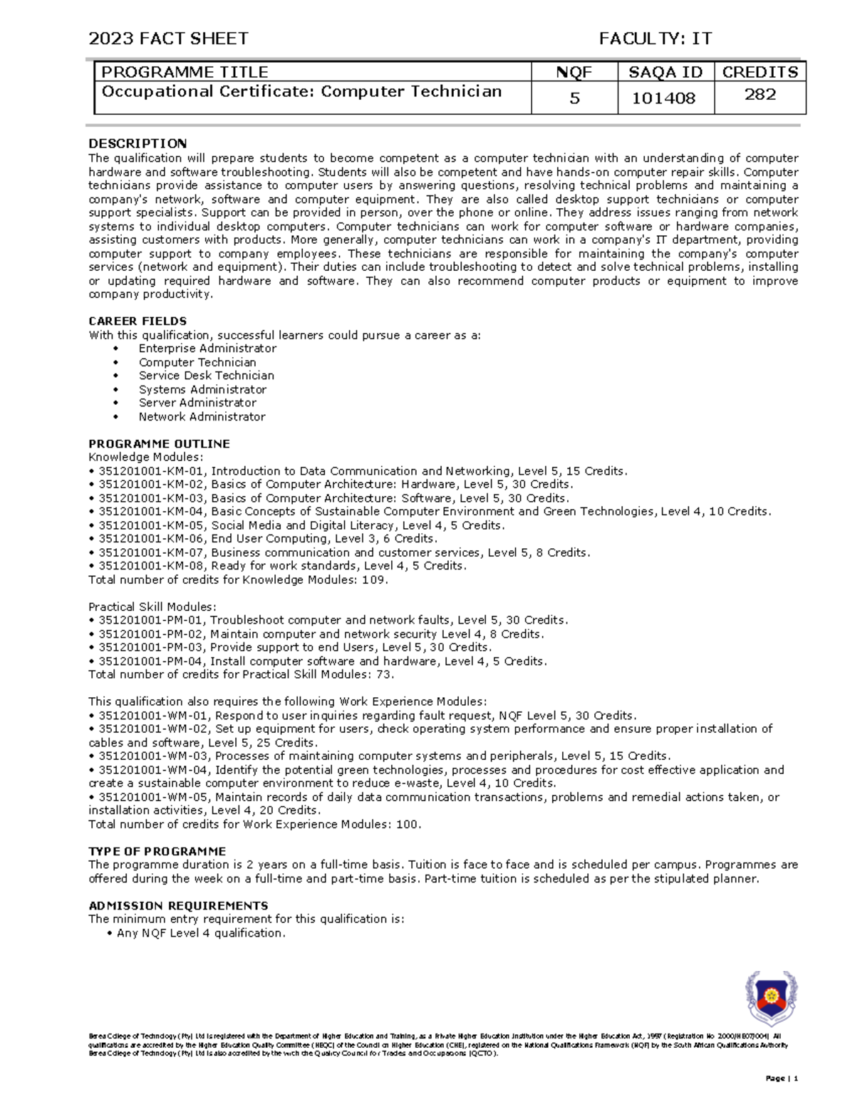 Occupational Certificate: Computer Technician Fact Sheet (SAQA 101408 ...