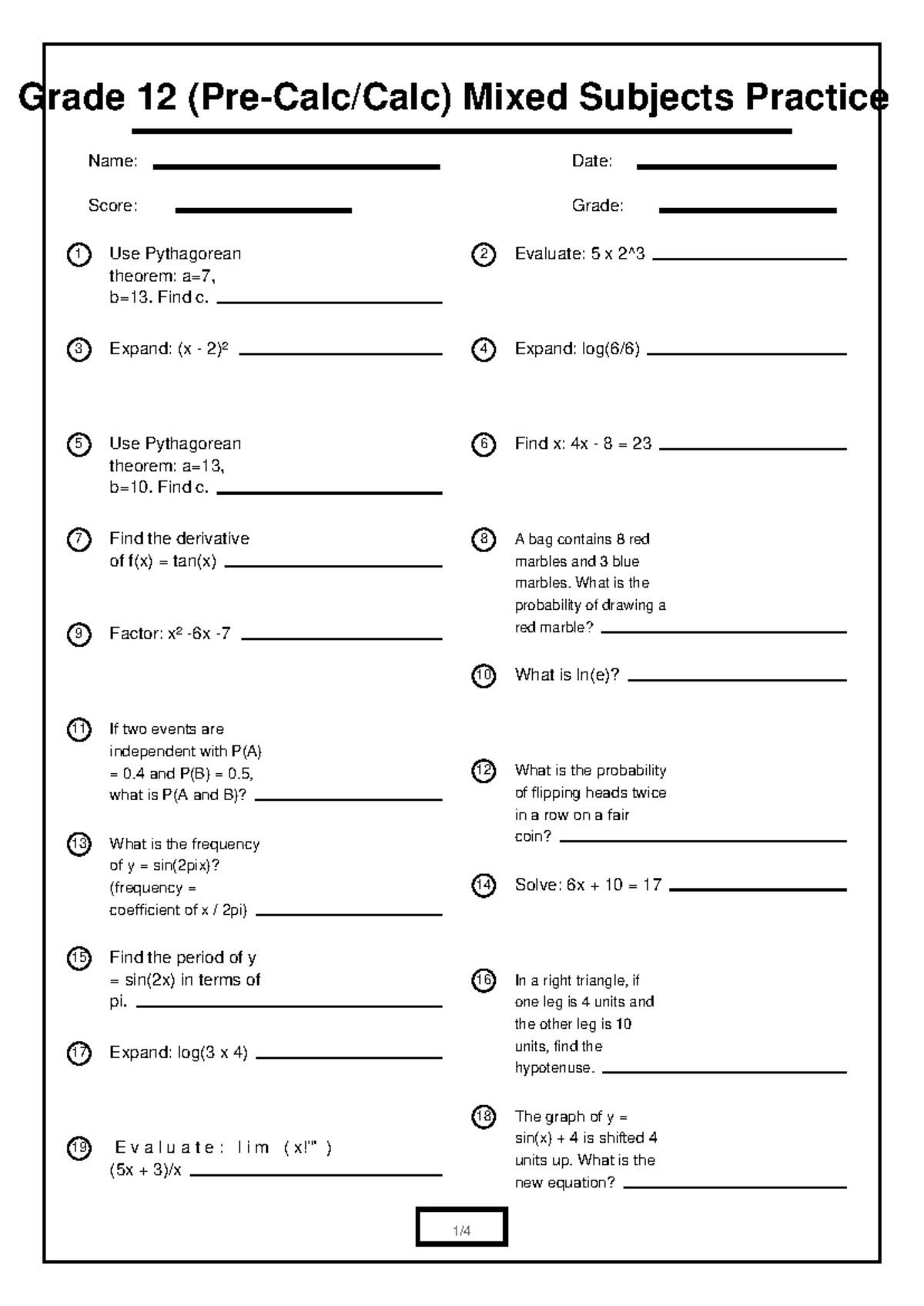 Grade 12 Math Mixed Subjects Practice Worksheet - Studocu