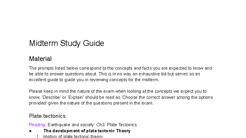 Midterm Study Guide: Plate Tectonics & Earthquake Concepts - Studocu