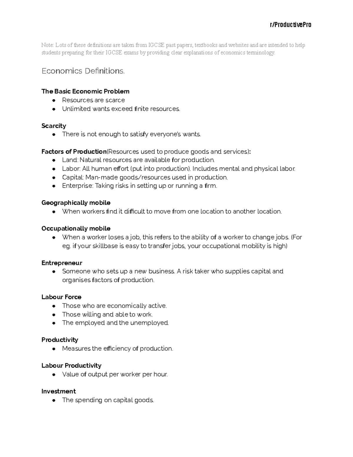 Economics Definitions IGCSE Study Guide 2023 - Studocu