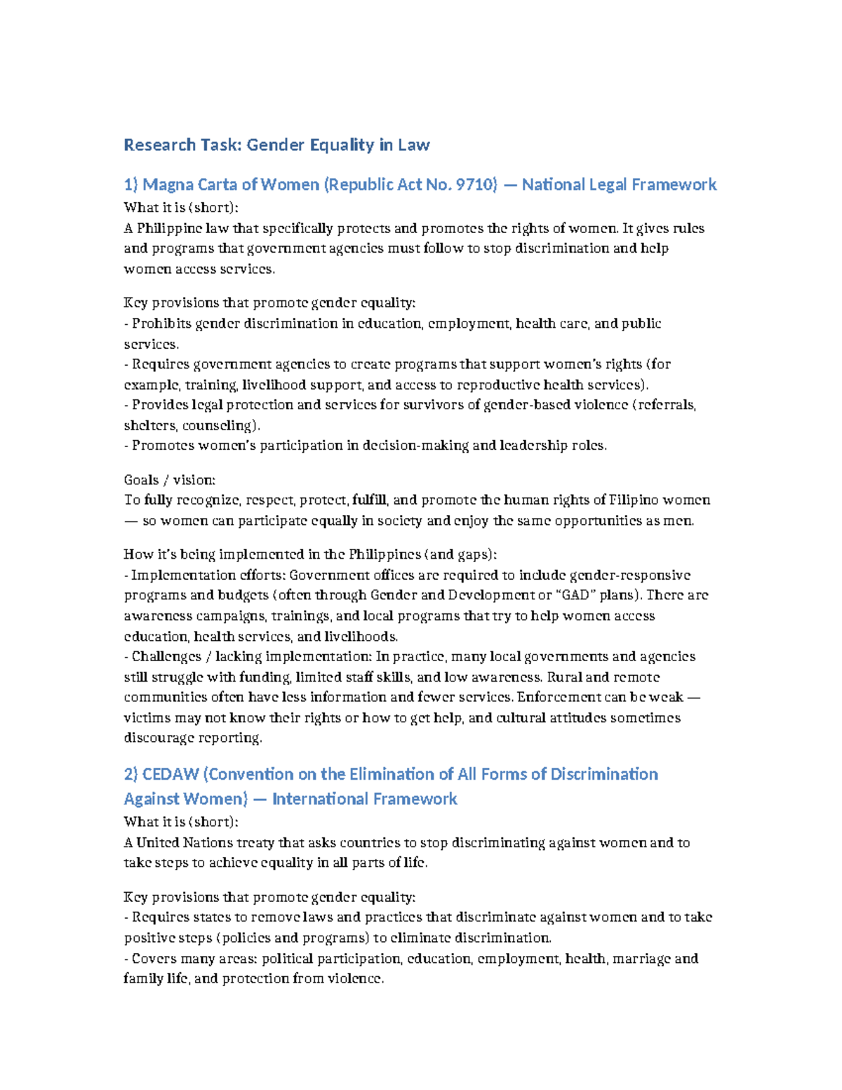 Research Task: Gender Equality in Law and Policy Frameworks - Studocu