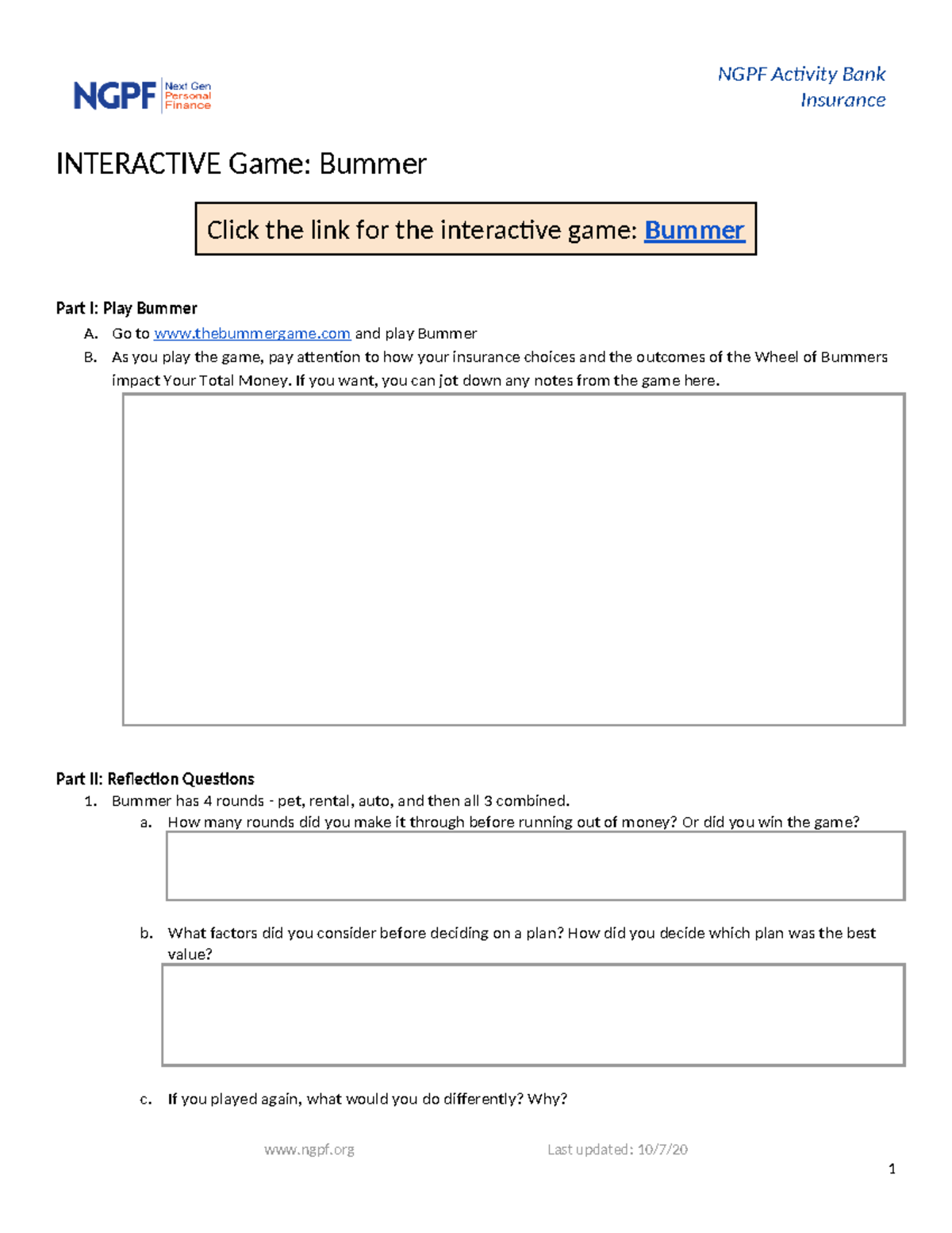 NGPF Activity Bank: Bummer Game Reflection & Insights - Studocu