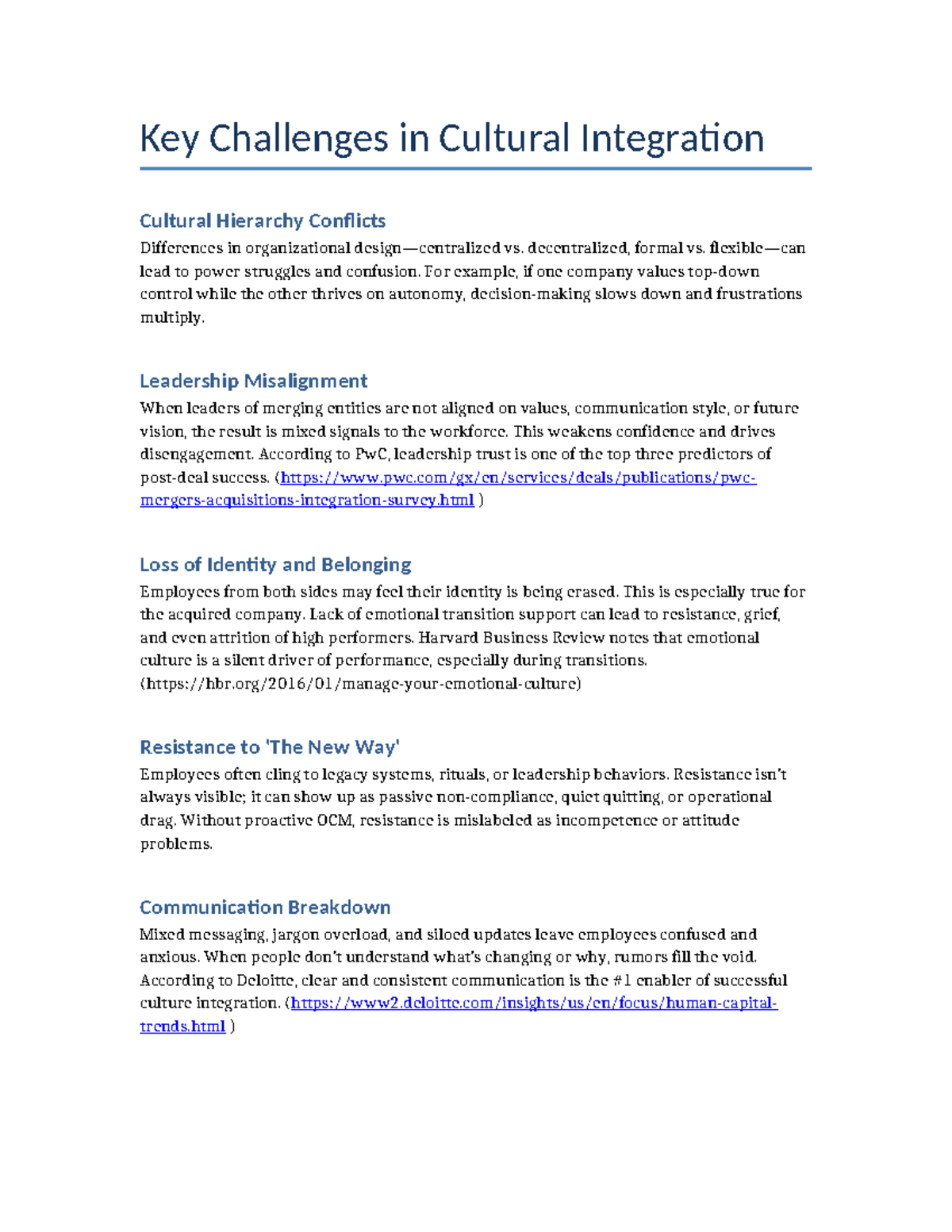 OCM 101: Key Challenges in Cultural Integration and Solutions - Studocu