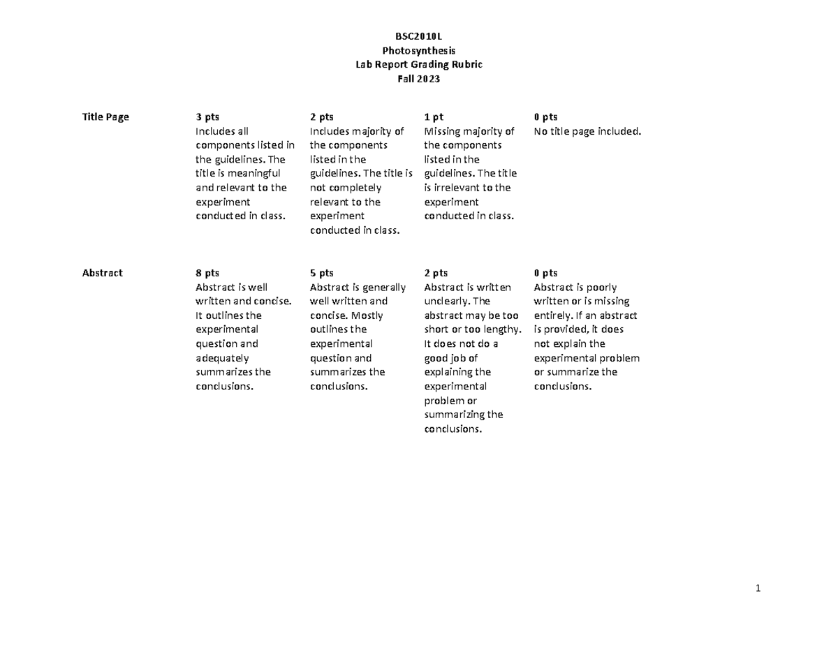 BSC2010L Photosynthesis Lab Report Grading Rubric Fall 2023 - Studocu