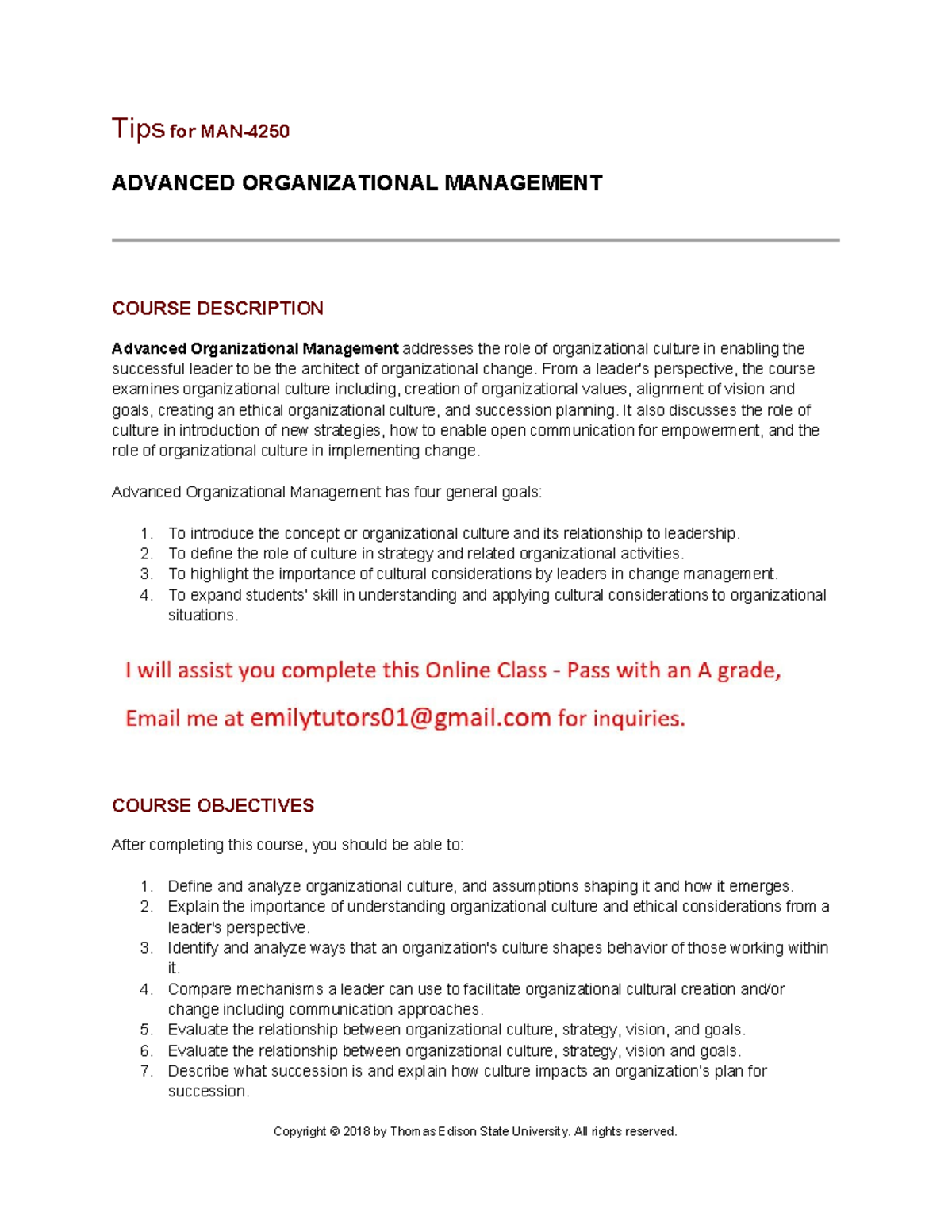 MAN 4250 Advanced Organizational Management Course Overview and Goals ...