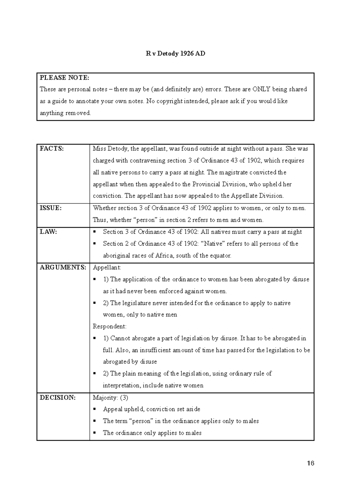 R v Detody 1926 AD: Analysis of Ordinance 43 Applicability - Studocu