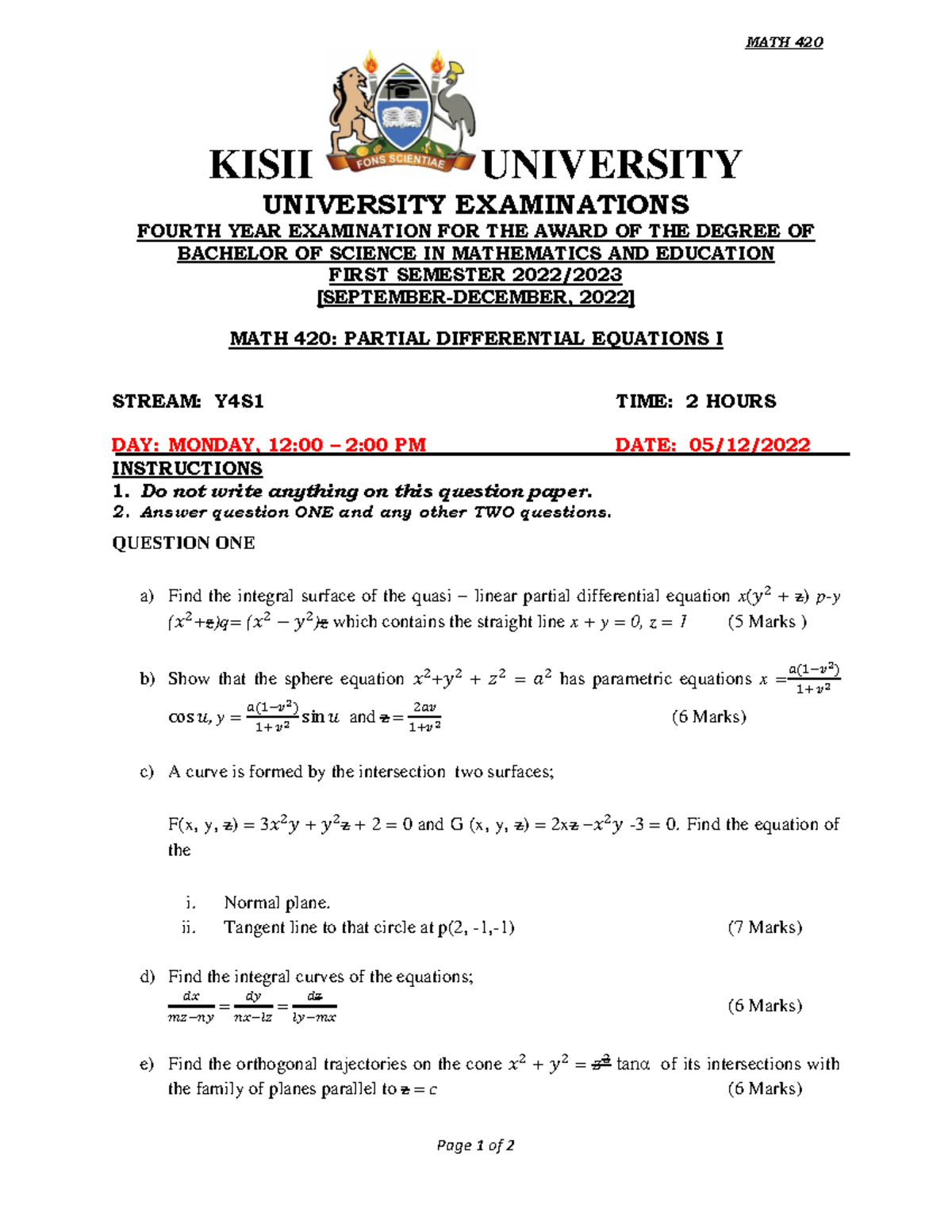 MATH 420: Partial Differential Equations I - Exam Notes - Studocu