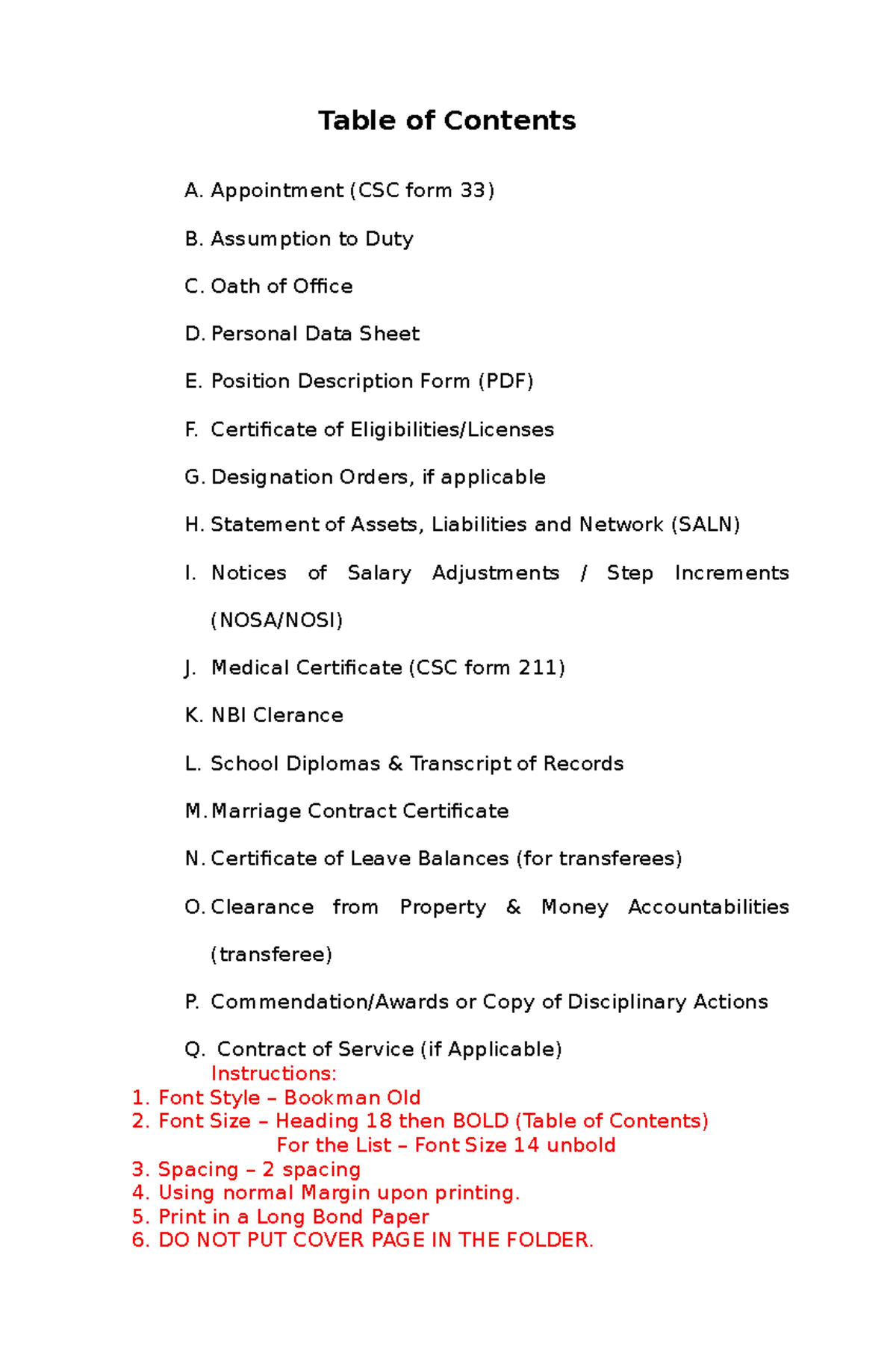 Table of Contents - Appointment Guide (CSC Form 33) - Studocu