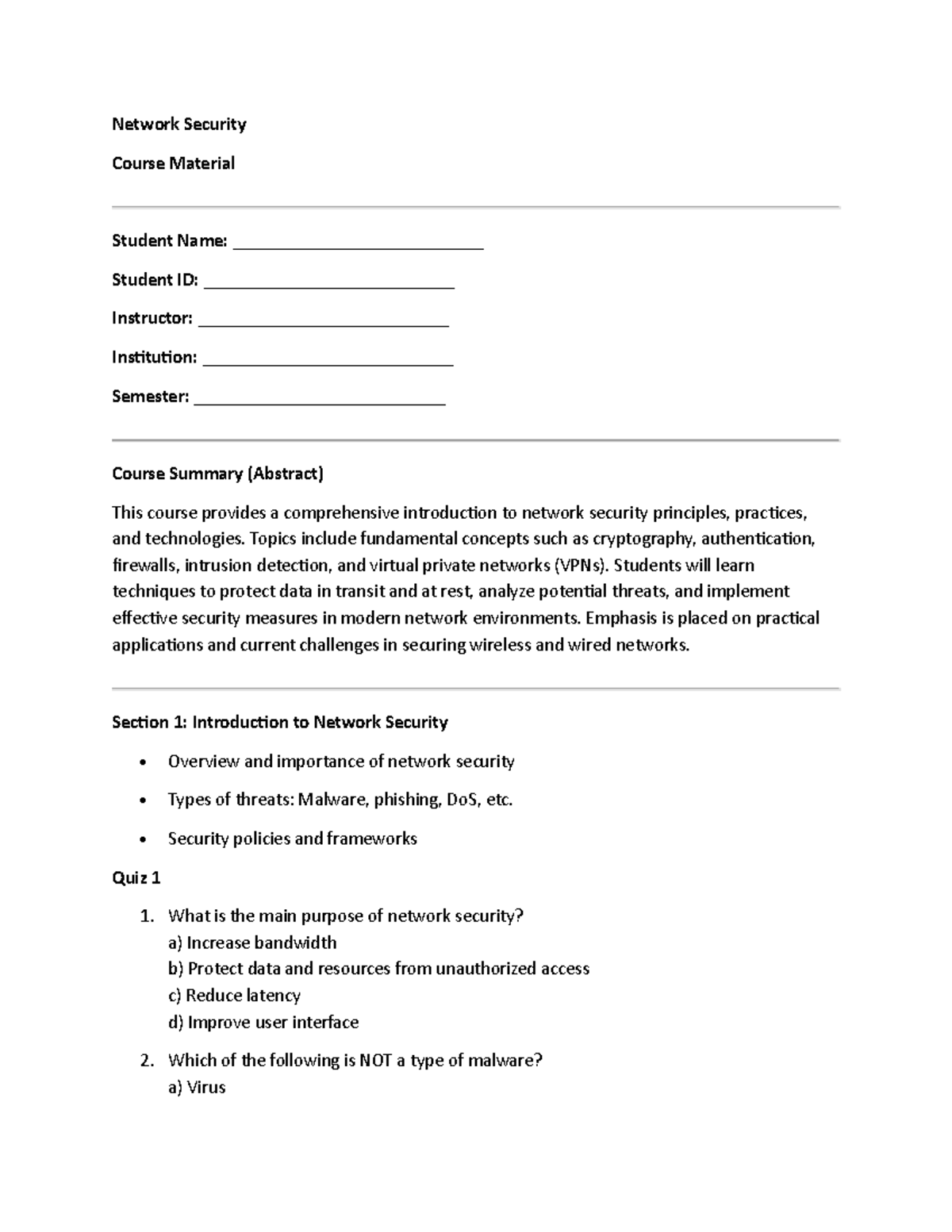 Network Security Course Material: Key Concepts & Quizzes - Studocu