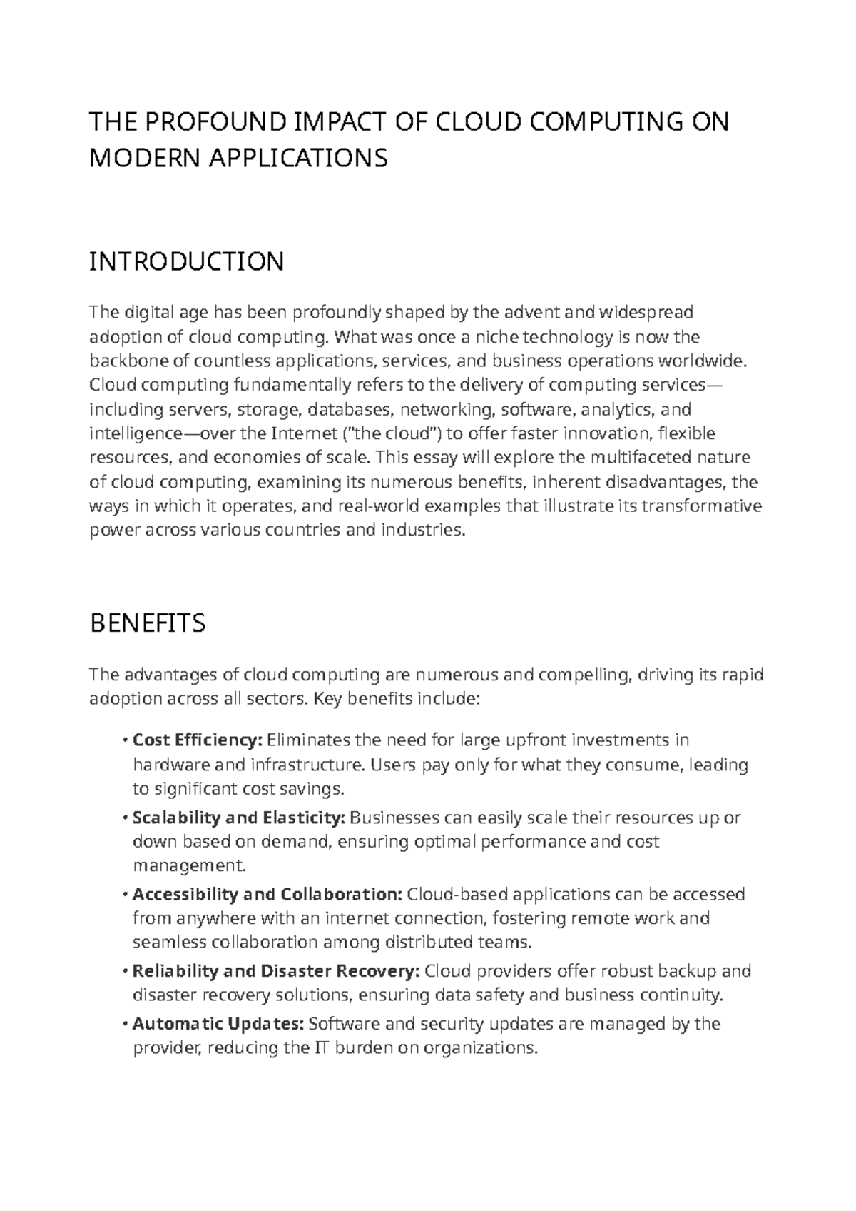 Essay on Important Applications of Cloud Computing (CS101) - Studocu