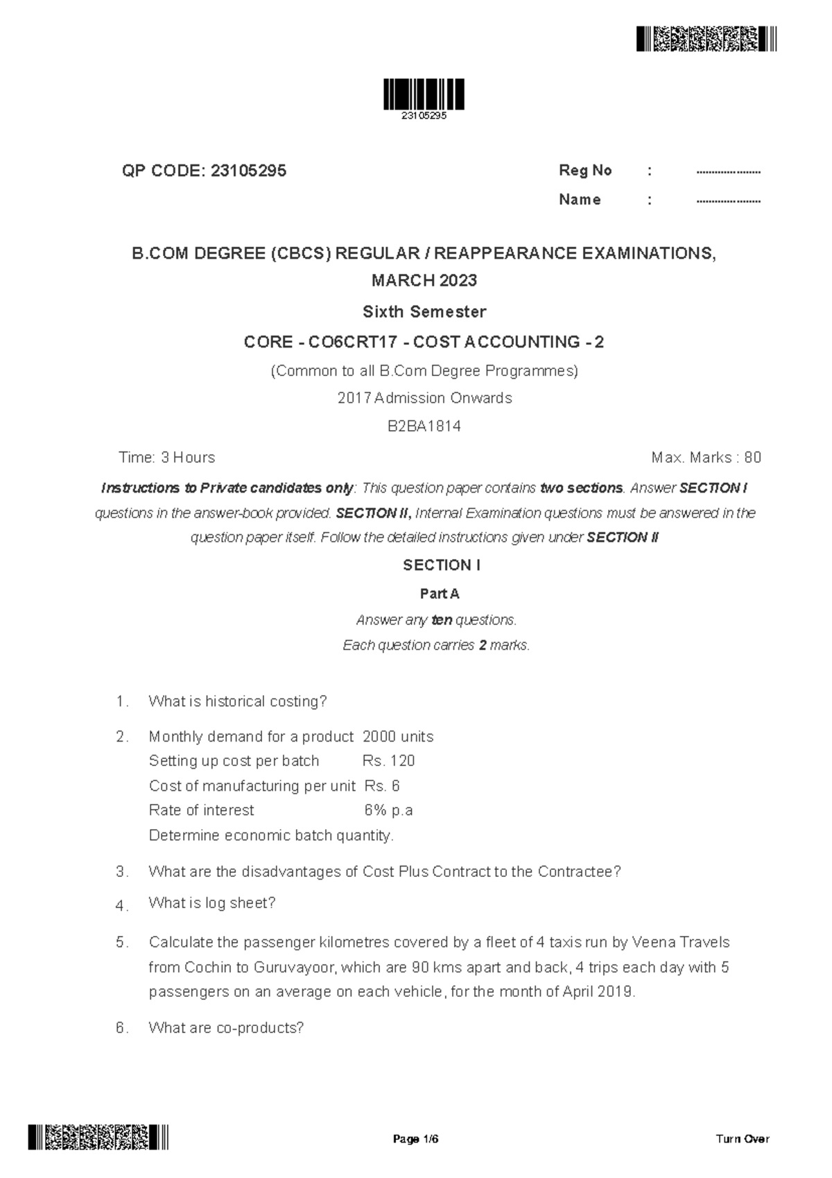 COST ACCOUNTING - 2 QP for B.Com 6th Sem, April 2023 - Studocu