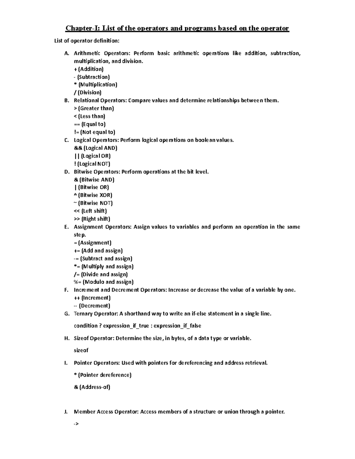 C Programming Operators Overview and Examples for Chapter 1 - Studocu