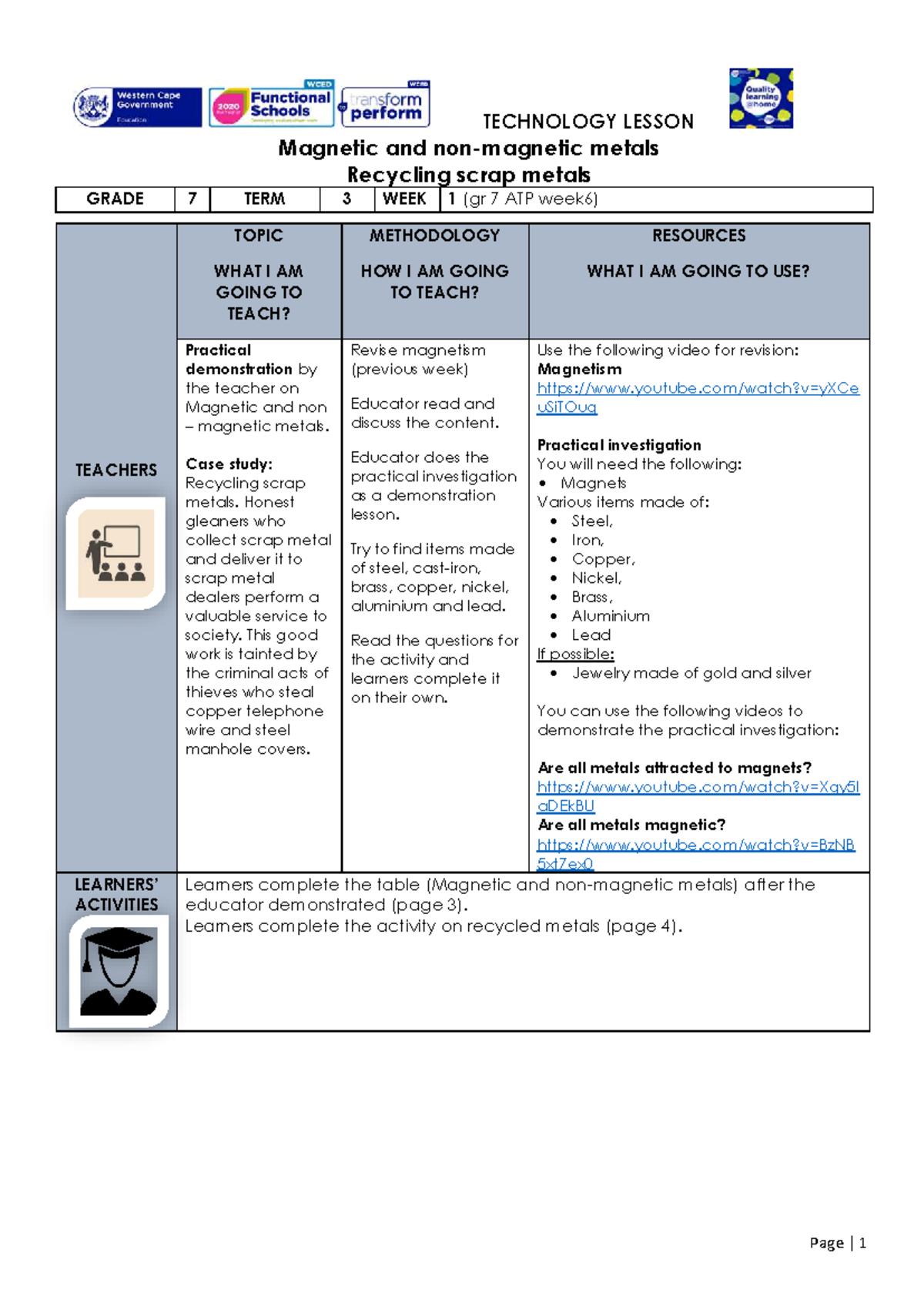 GET 7 Technology Lesson Plan: Magnetic & Metals Recycling (Term 3, Week ...