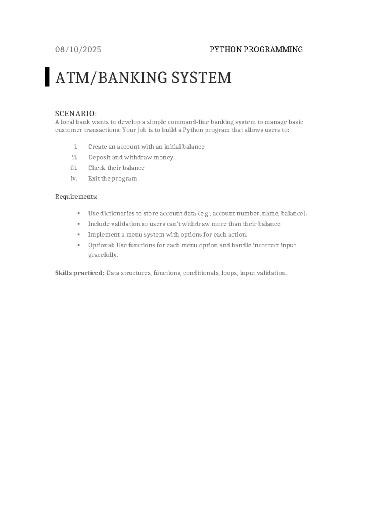 PYTHON PROGRAMMING: ATM System Tutorial - Revision - Studocu