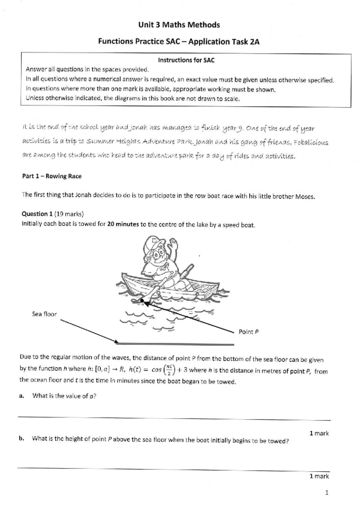Unit 3 Maths Methods Functions Practice SAC - Task 2A Instructions ...
