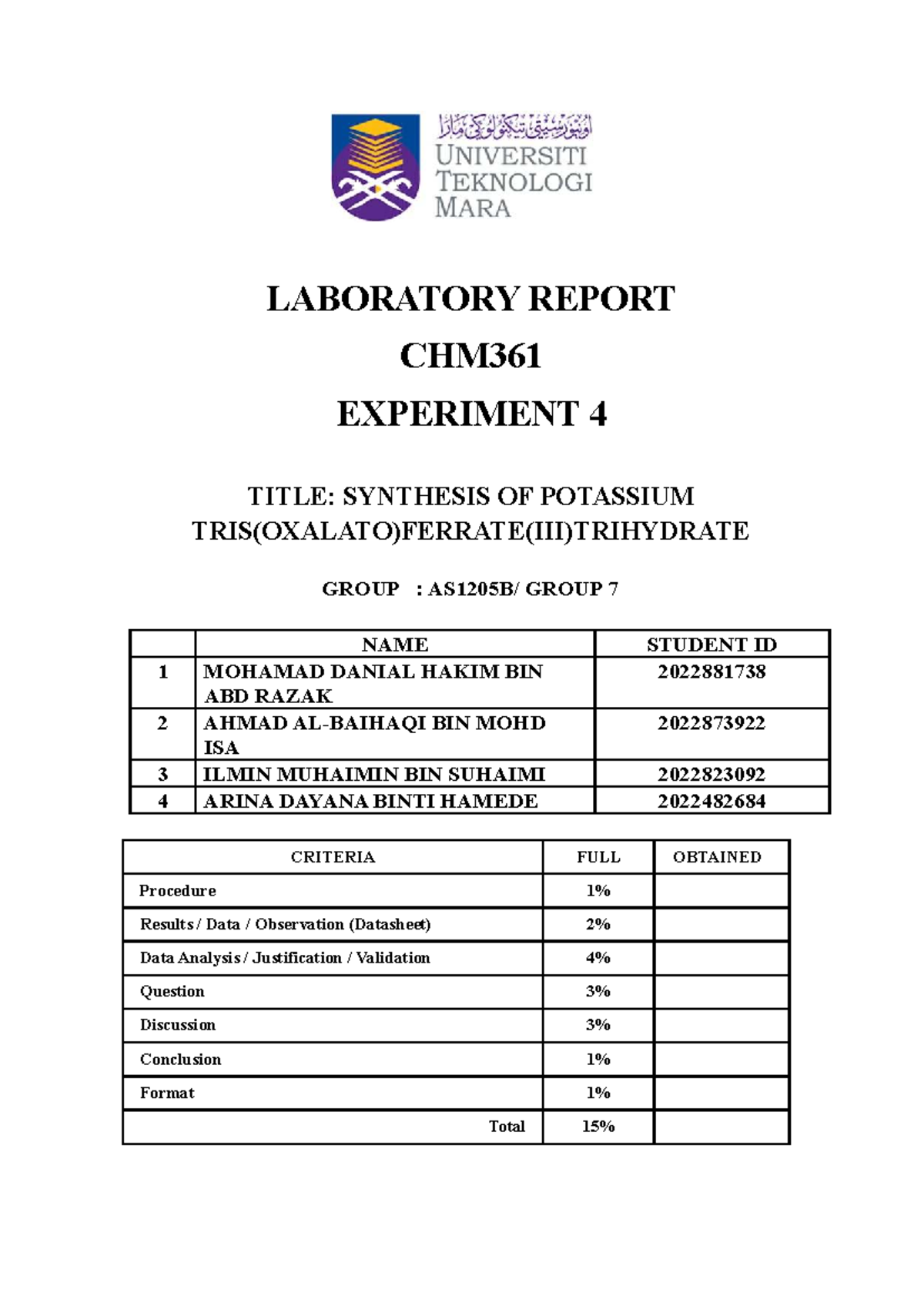 LAB361 EXPERIMENT 4 - LABORATORY REPORT CHM EXPERIMENT 4 TITLE ...