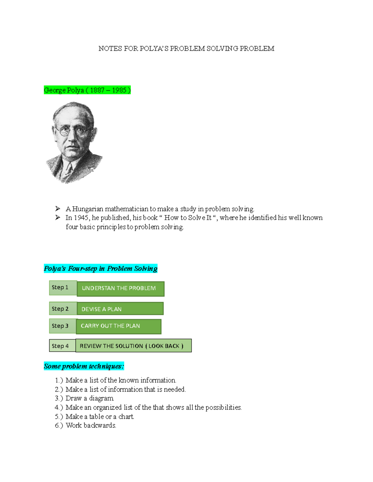 Notes FOR Polya’S Problem Solving Problem - NOTES FOR POLYA’S PROBLEM ...