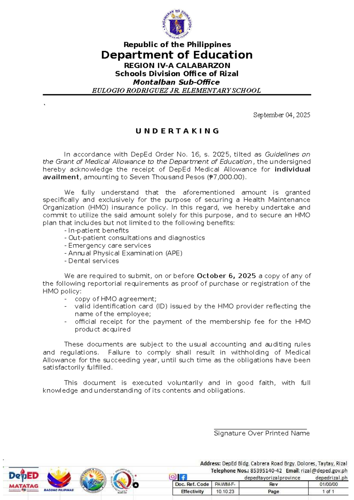 Undertaking for Medical Allowance - DepEd Order No. 16, s. 2025 - Studocu