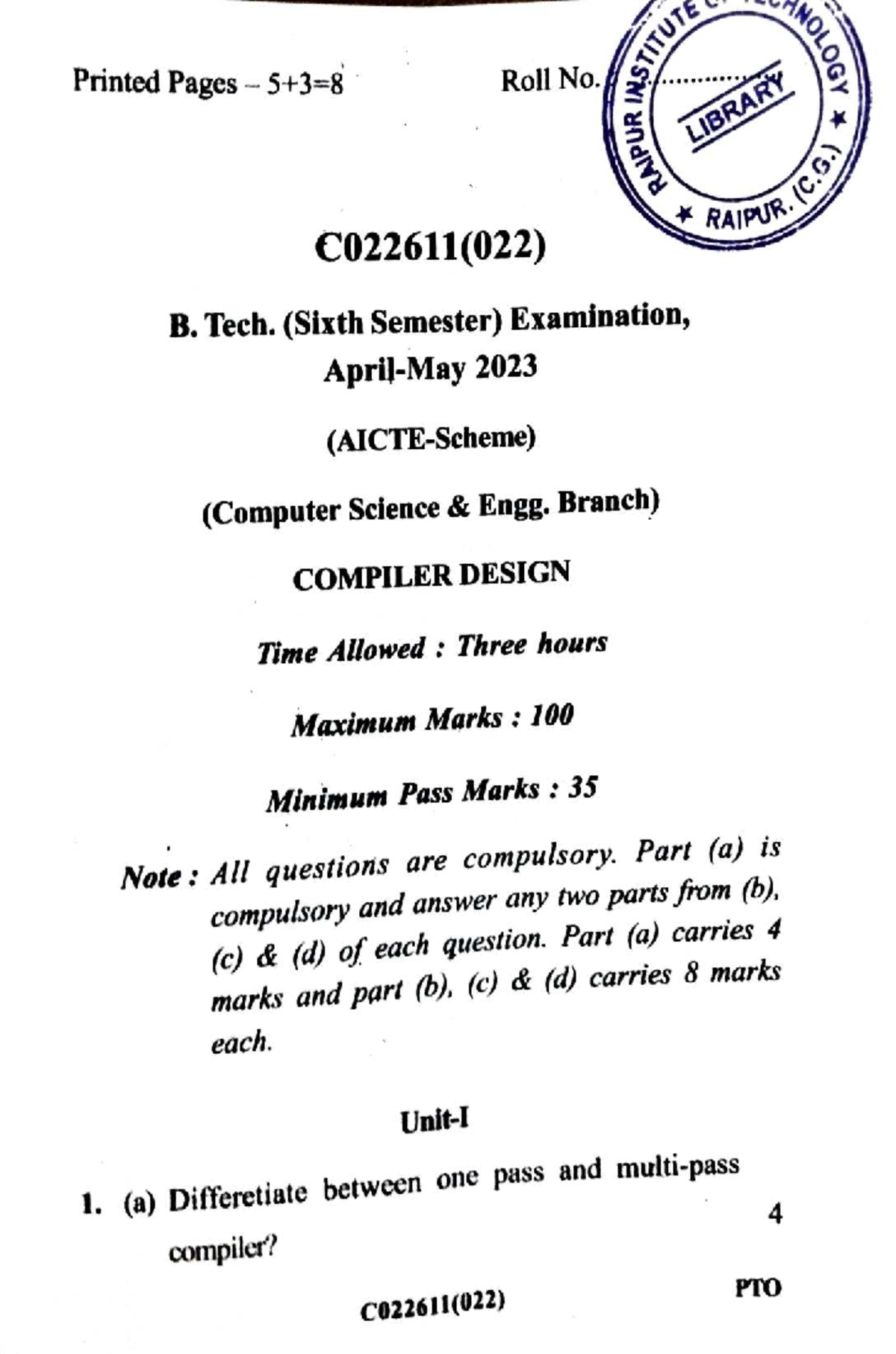 2023 B.Tech 6th Sem COMPILER DESIGN Exam Paper (C022611) - Studocu