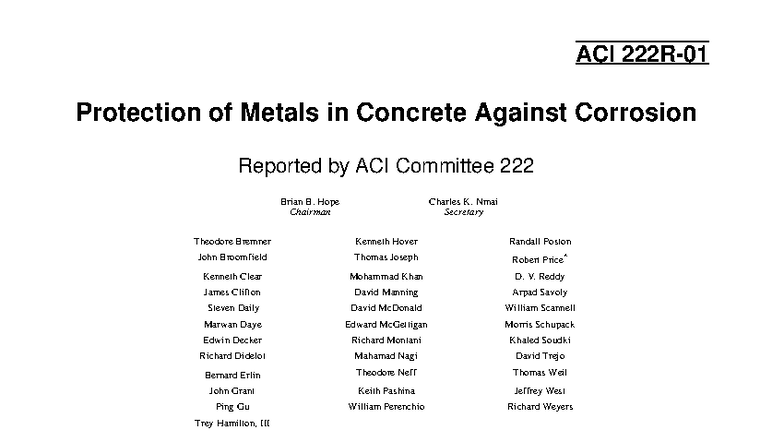 ACI 222R-01: Protection of Metals in Concrete Against Corrosion - Studocu