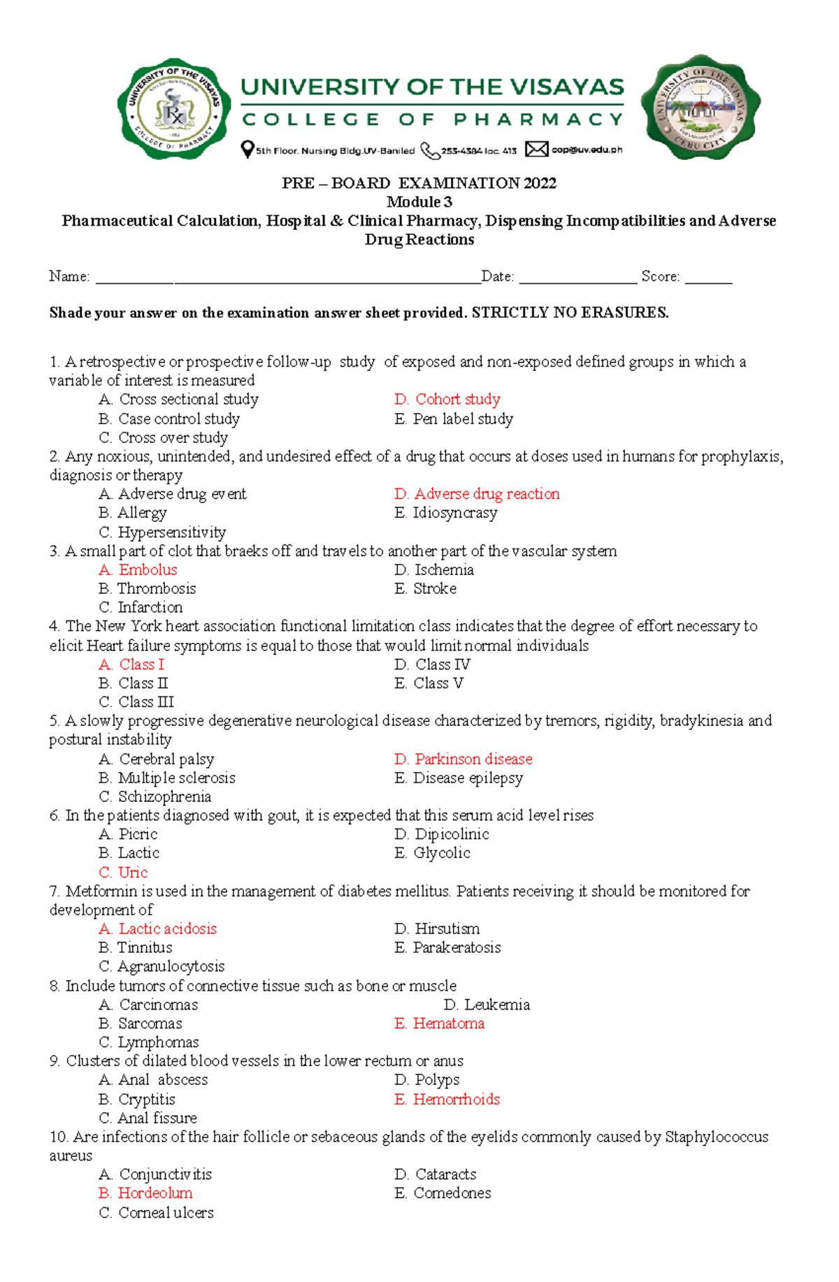 Module 3: Pre-Board Exam 2022 - Pharm Calculations & Pharmacy Practice ...