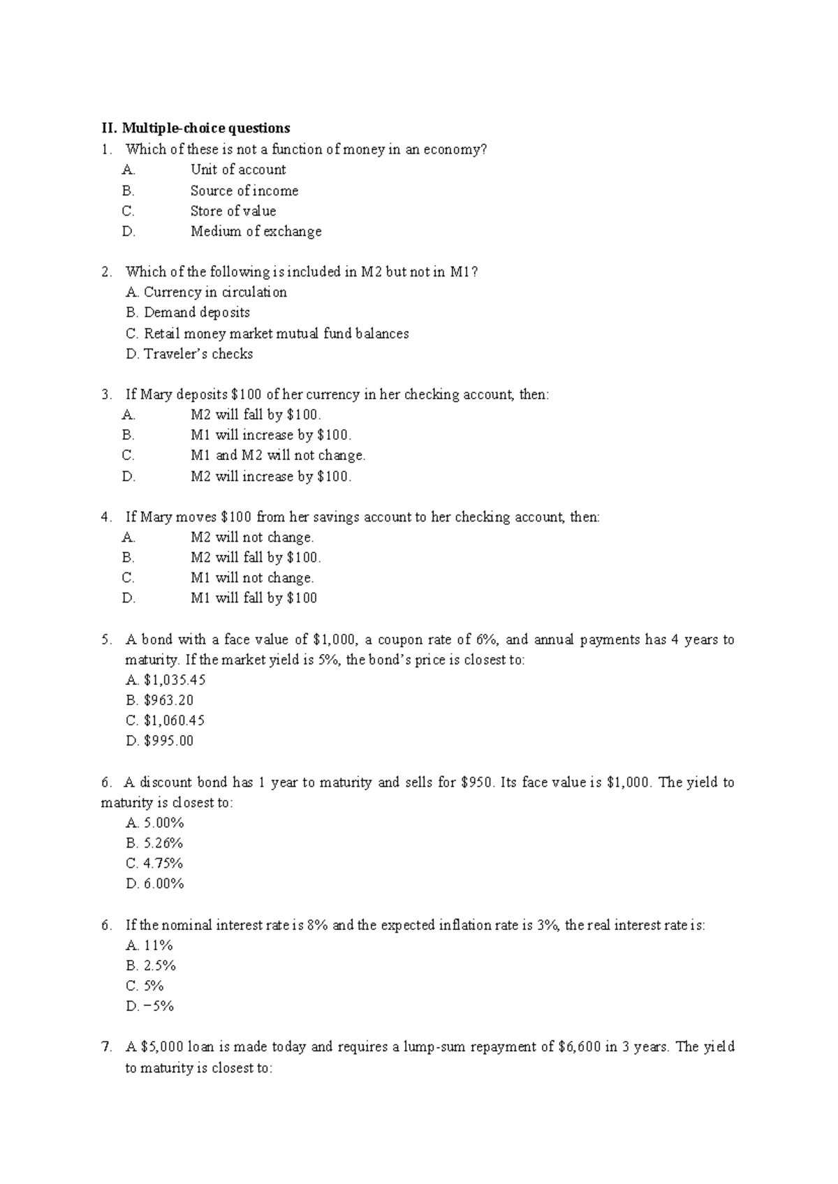 Economics 101: Money Functions & Bond Yield Questions - Studocu