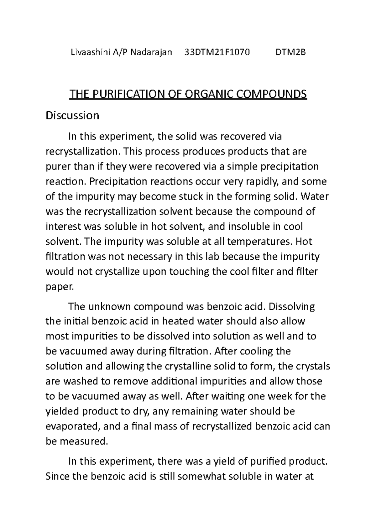 Purification of Organic Compounds - DTM2B Laboratory Experiment - Studocu